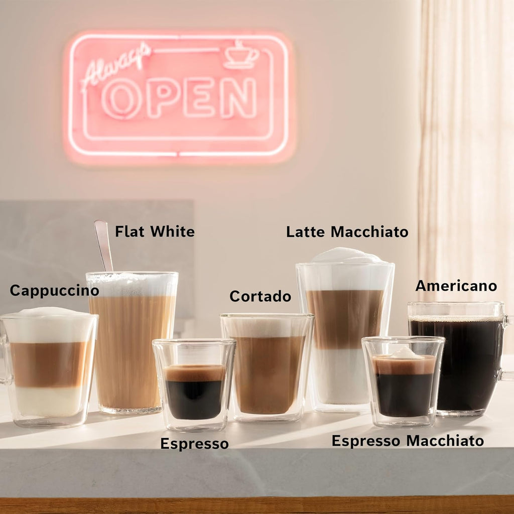 Bosch 800 Series Fully Automatic Espresso and Coffee Machine – 36 Drinks with Coffee World, Cold Brew, Double Cup, Integrated Milk Container, Smart Features, in Silver TQU60307