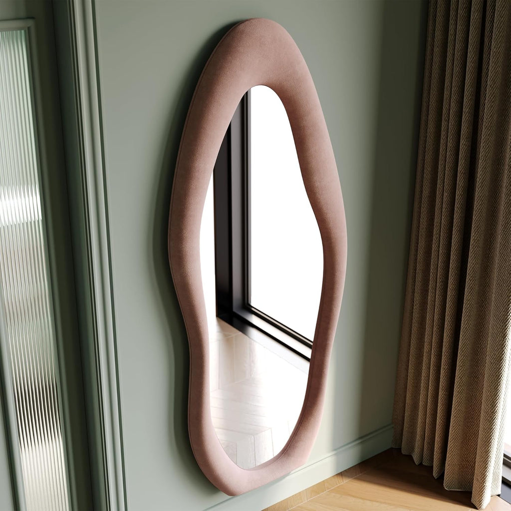 Honyee Full Length Mirror, 63" x 24" Wall Mirror, Flannel Wrapped Wooden Frame Full Body Mirror, Irregular Wavy Mirror Hanging or Leaning Against Wall for Cloakroom/Bedroom/Living Room, Ivory White