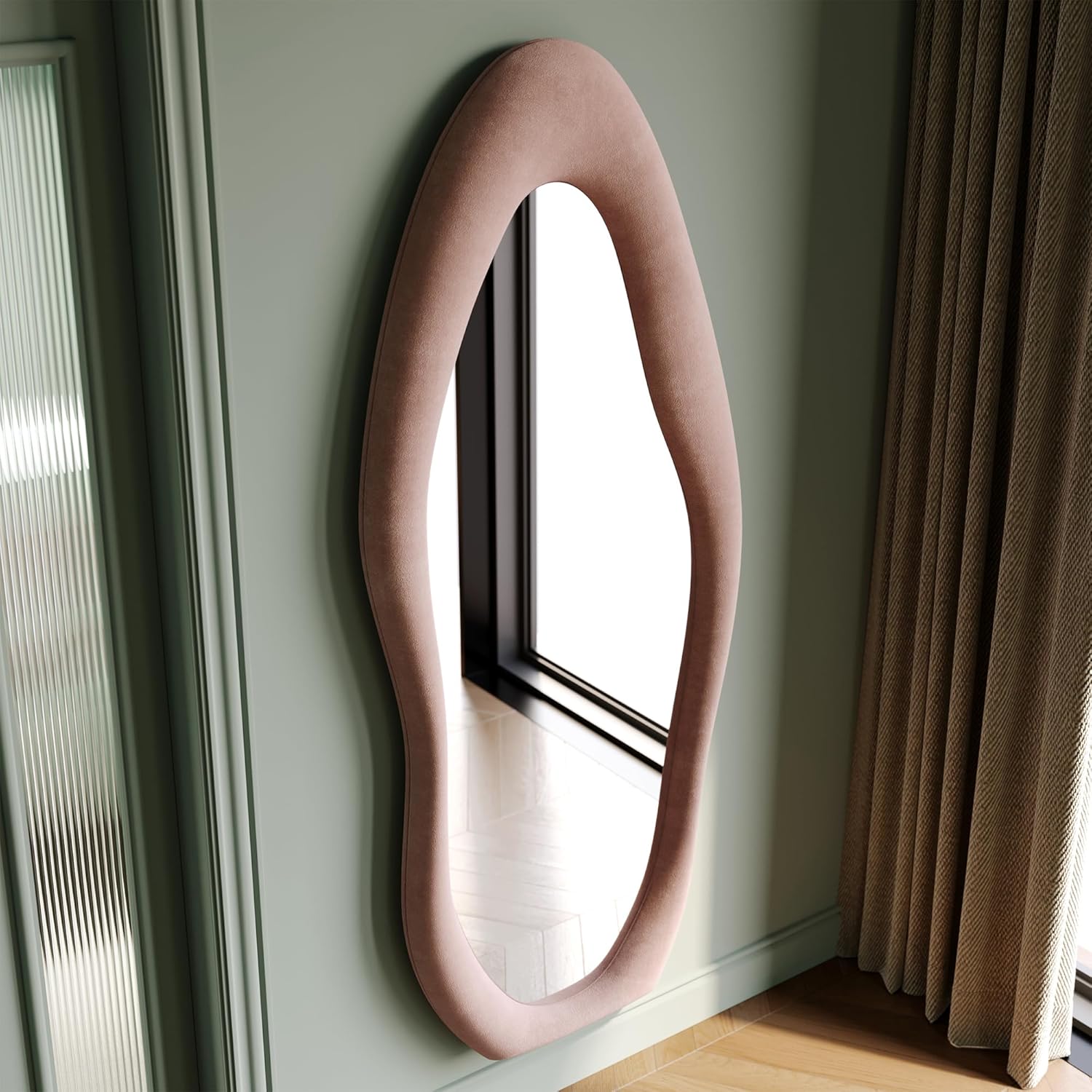 Honyee Full Length Mirror, 63" x 24" Wall Mirror, Flannel Wrapped Wooden Frame Full Body Mirror, Irregular Wavy Mirror Hanging or Leaning Against Wall for Cloakroom/Bedroom/Living Room, Ivory White