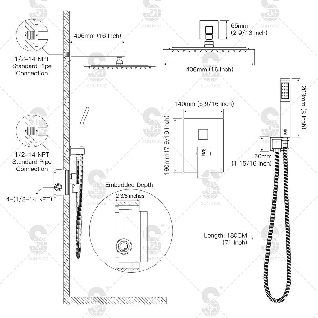 SR SUN RISE 12 Inches Matte Black Shower System 12 Inch Brass Bathroom Luxury Rain Mixer Shower Combo Set Wall Mounted Rainfall Shower Head System Shower Faucet Rough-in Valve Body and Trim Included