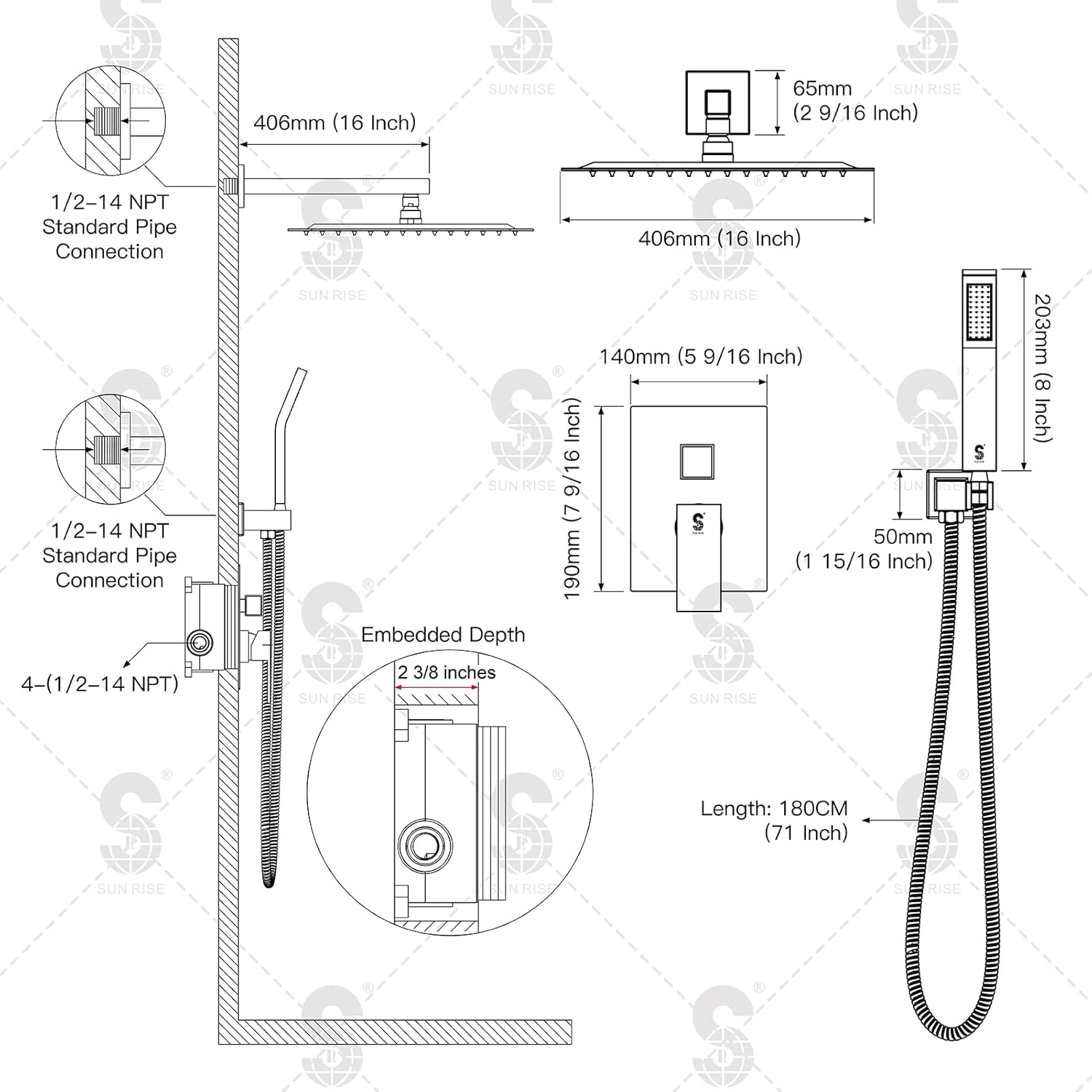 SR SUN RISE 12 Inches Matte Black Shower System 12 Inch Brass Bathroom Luxury Rain Mixer Shower Combo Set Wall Mounted Rainfall Shower Head System Shower Faucet Rough-in Valve Body and Trim Included