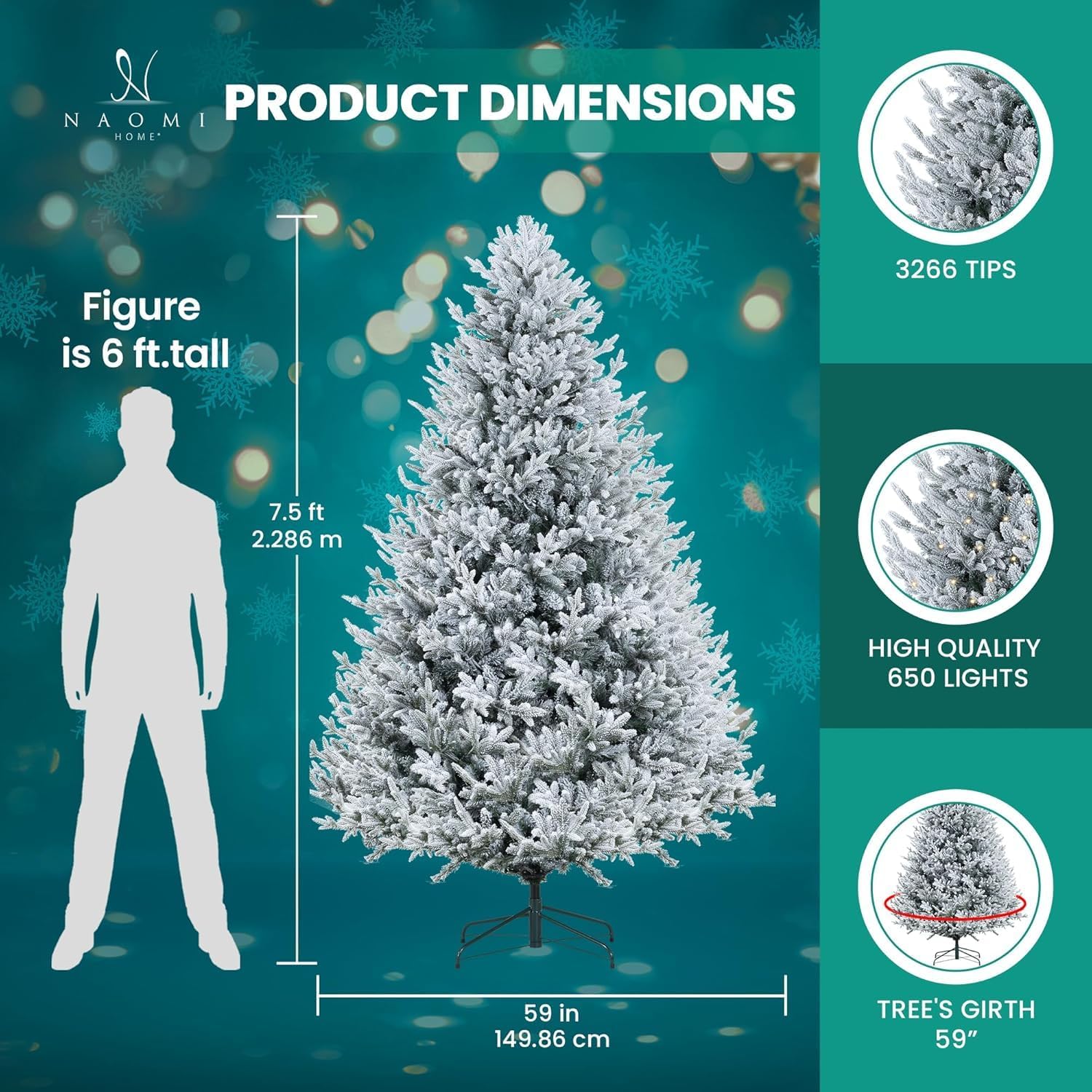 Naomi Home 6.5ft Rustic Christmas Tree with Lights, Realistic Classic Prelit with 2595 Branch Tips, 600 Warm Lights and Metal Stand, Aritificial Tree