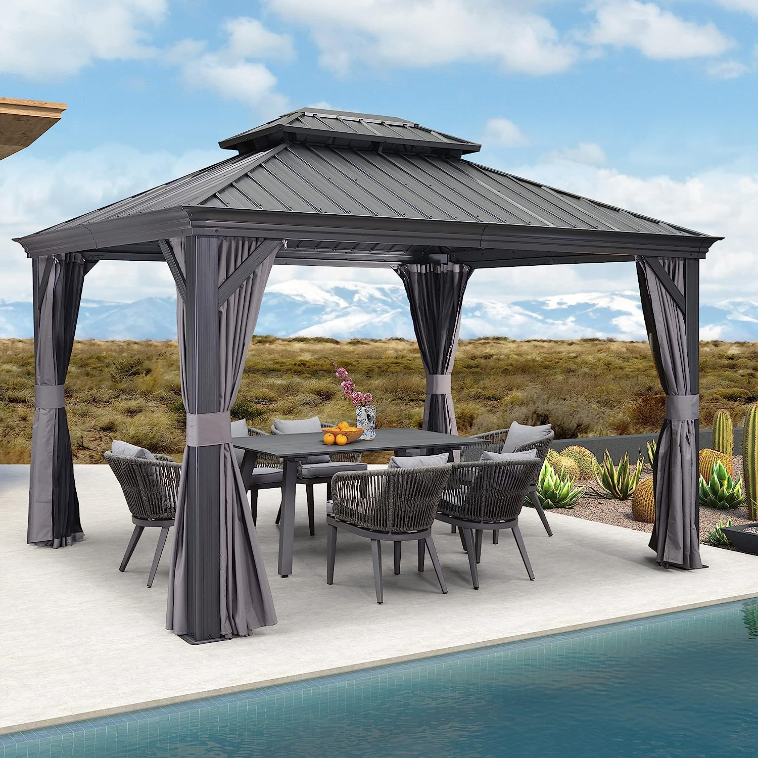 💖Clearance sale✨10’ft x 12’ft Hardtop Gazebo, With Privacy Curtain And Mosquito Net（brown）（Grey）