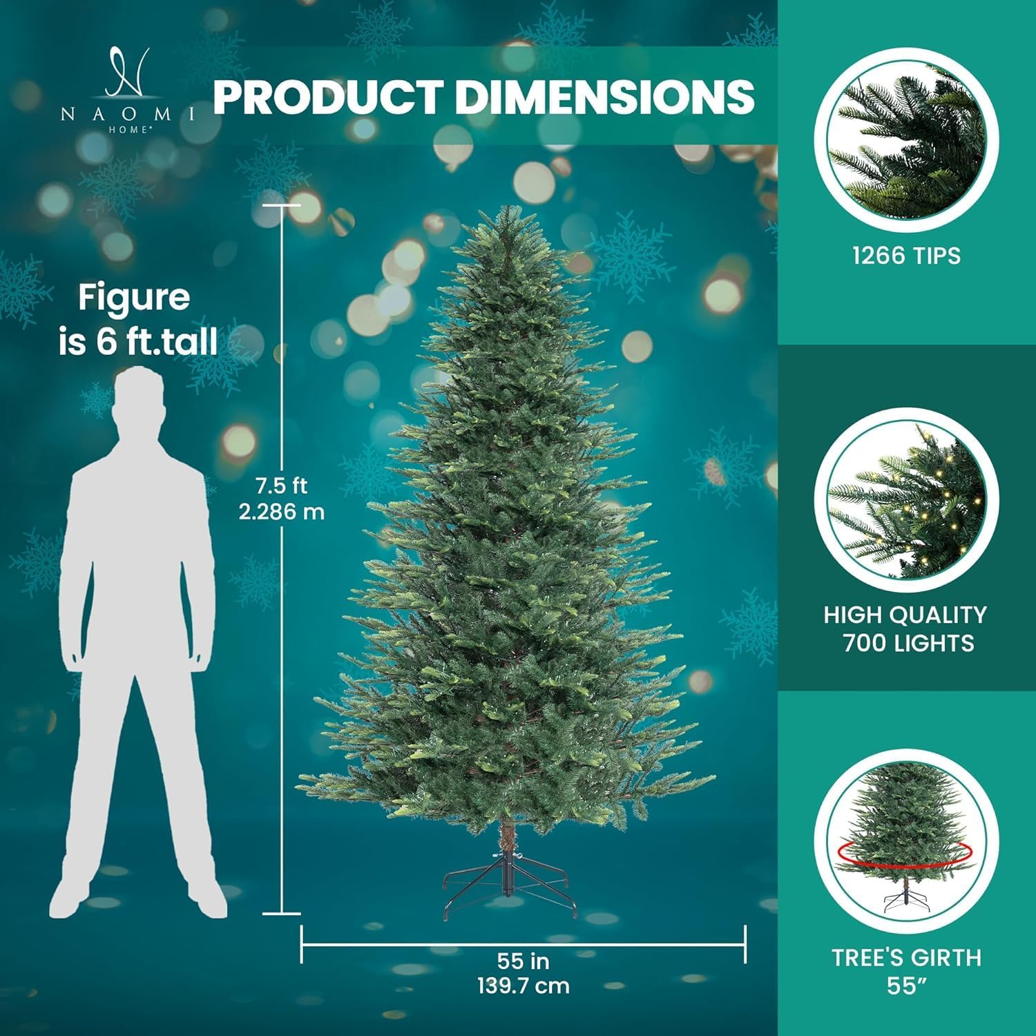 Naomi Home 6.5ft Rustic Christmas Tree with Lights, Realistic Classic Prelit with 2595 Branch Tips, 600 Warm Lights and Metal Stand, Aritificial Tree