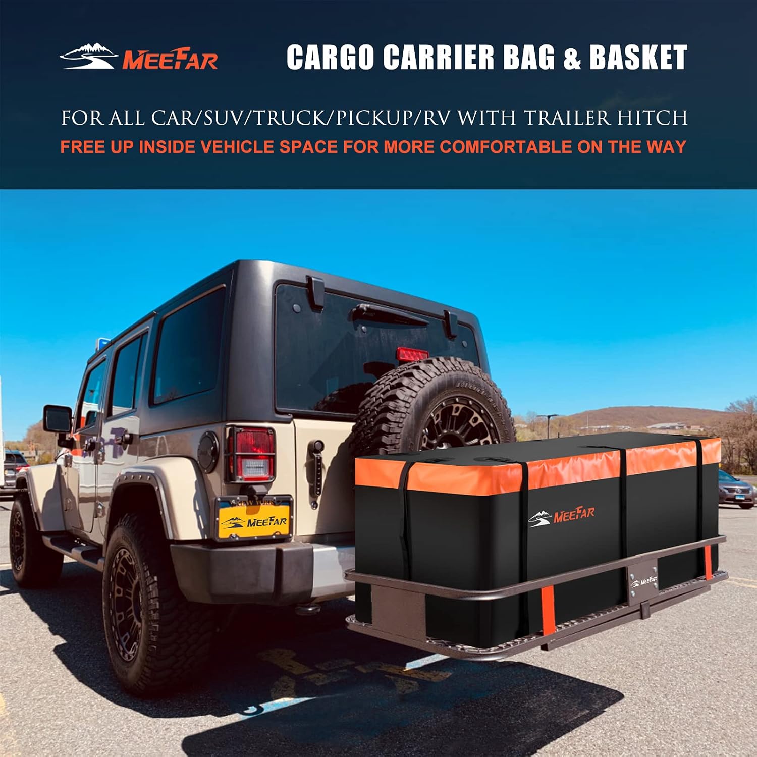 MeeFar High Rail Trailer Folding Hitch Mount Cargo Carrier Basket 60" X 24" X 14"+Waterproof Cargo Bag 20 cu ft(59" 24" 24"), Capacity of 500 Lbs with Hitch Stabilizer, Net, Lock and Straps