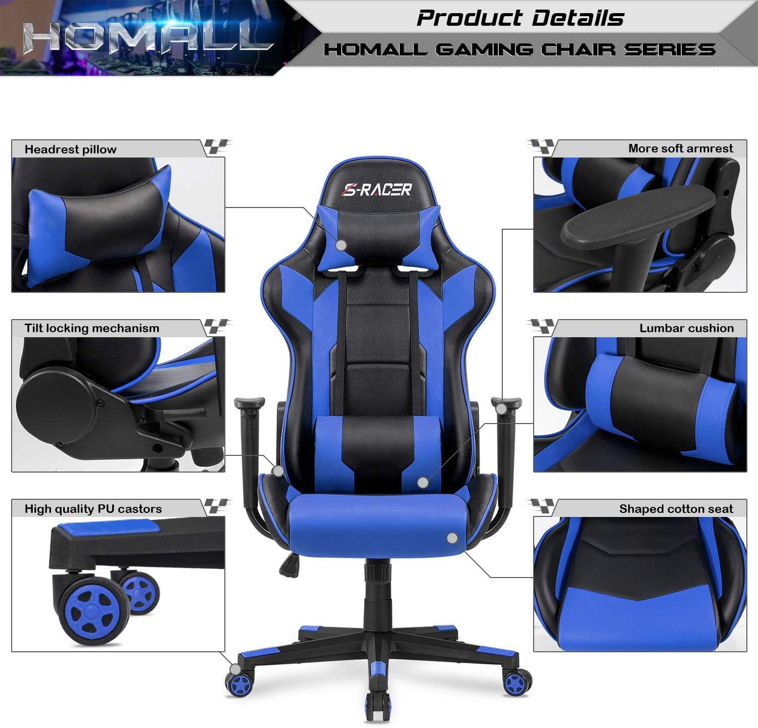 Homall Gaming Chair, Office Chair High Back Computer Chair Leather Desk Chair Racing Executive Ergonomic Adjustable Swivel Task Chair with Headrest and Lumbar Support (Dark Black)