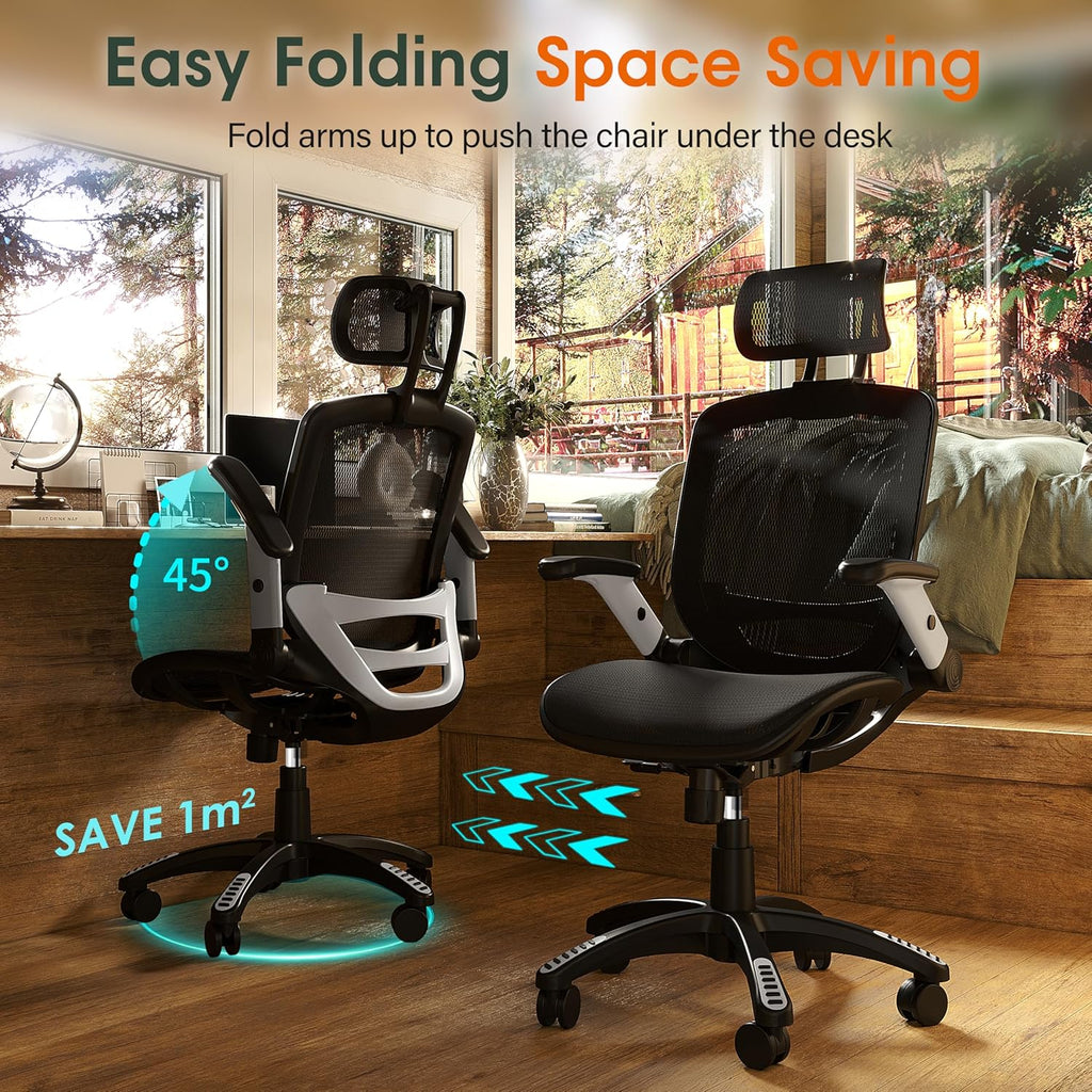 GABRYLLY Ergonomic Office Chair, High Back Home Desk Chair with Headrest, Flip-Up Arms, 90-120° Tilt Lock and Wide Cushion, Big and Tall Mesh Chairs for Man Woman, Grey Task Chair