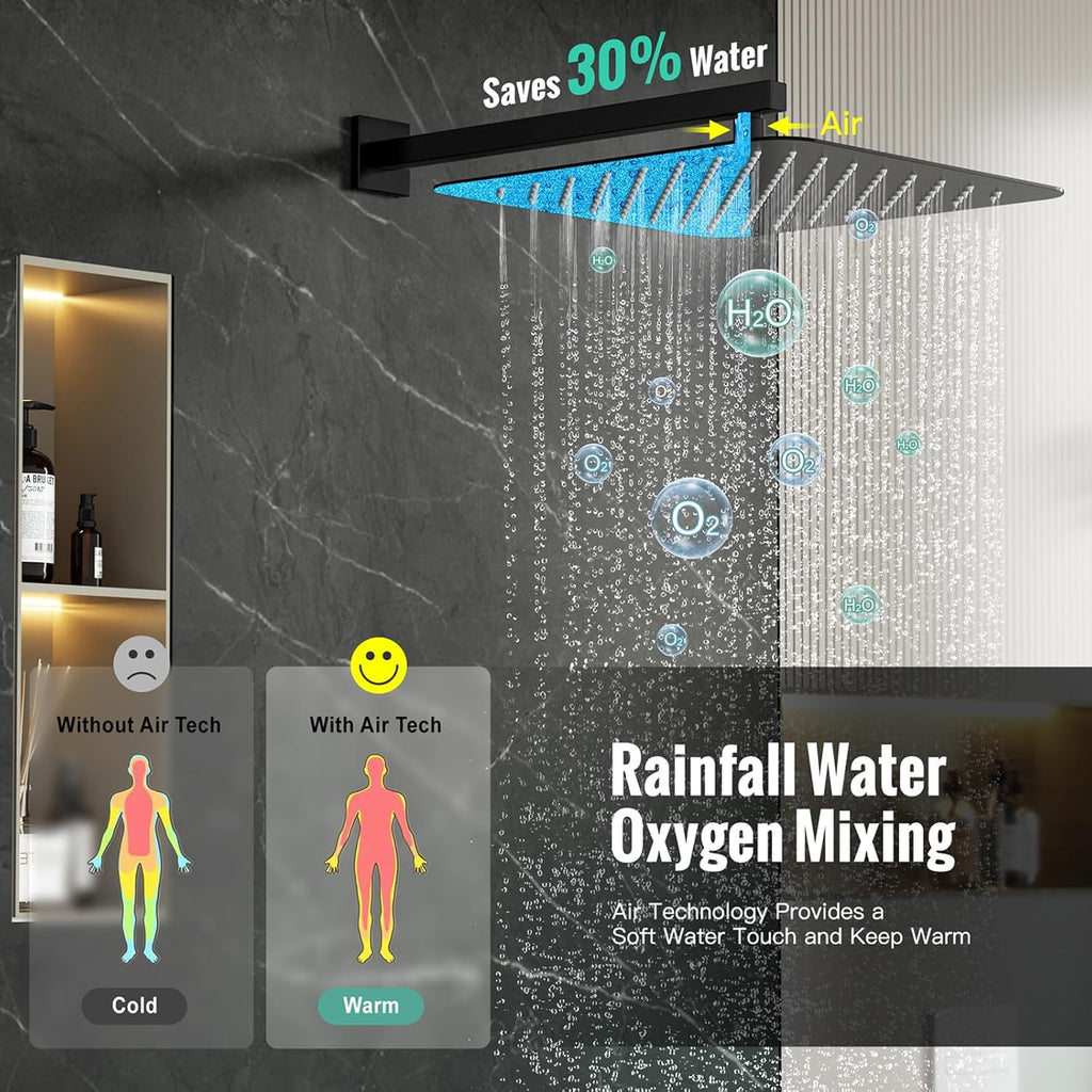 SR SUN RISE 12 Inches Matte Black Shower System 12 Inch Brass Bathroom Luxury Rain Mixer Shower Combo Set Wall Mounted Rainfall Shower Head System Shower Faucet Rough-in Valve Body and Trim Included