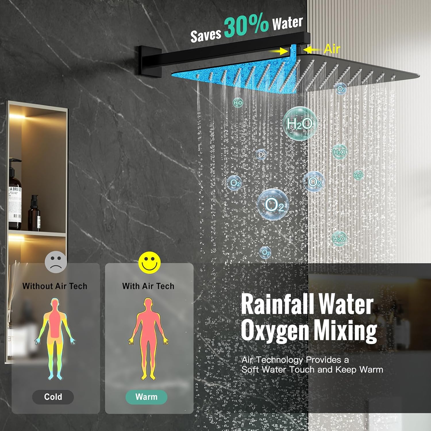 SR SUN RISE 12 Inches Matte Black Shower System 12 Inch Brass Bathroom Luxury Rain Mixer Shower Combo Set Wall Mounted Rainfall Shower Head System Shower Faucet Rough-in Valve Body and Trim Included