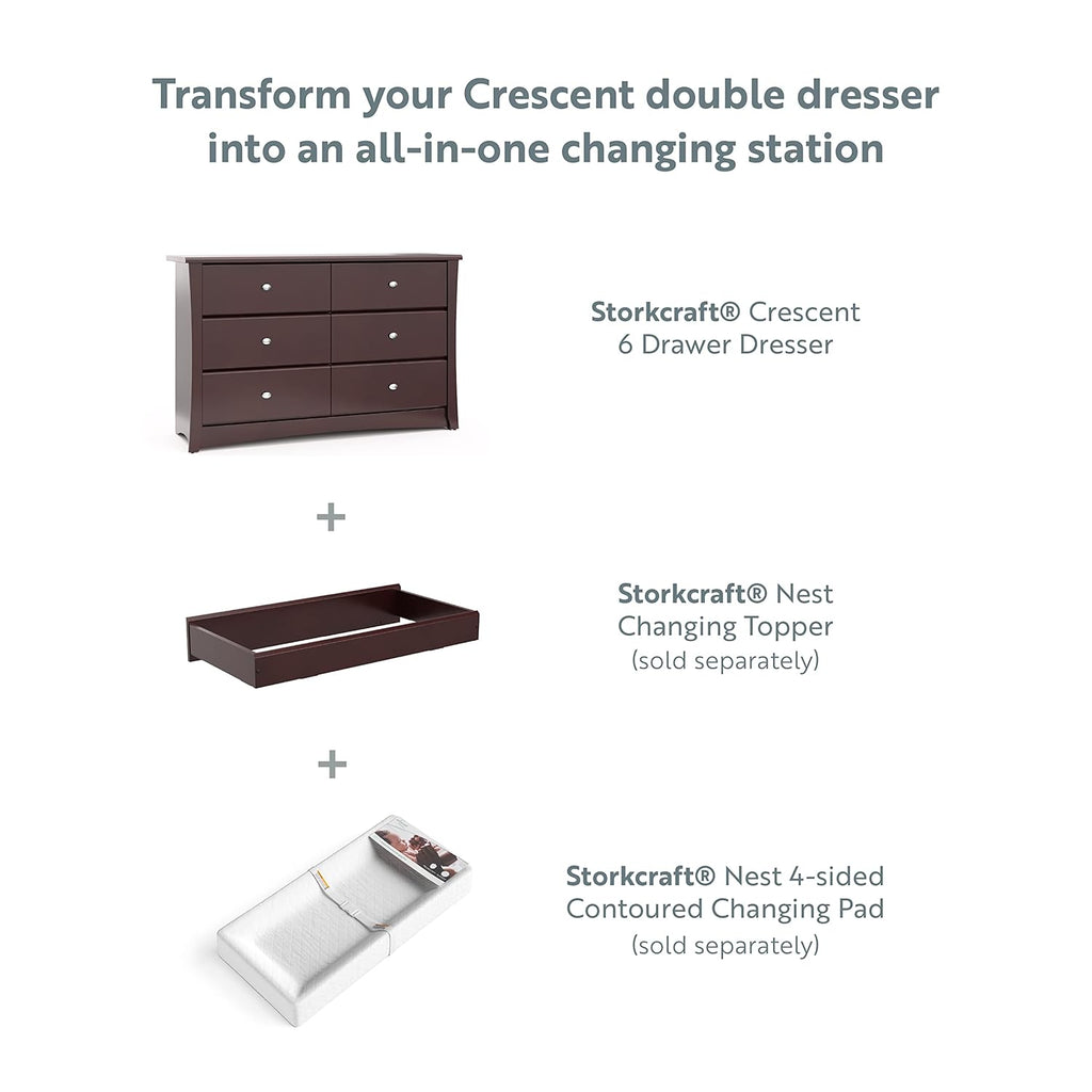 Storkcraft Crescent 6 Drawer Double Dresser (Pebble Gray) – GREENGUARD Gold Certified, For Nursery, Dresser, Kids Nursery Organizer, Chest of Drawers
