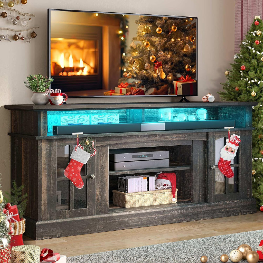 LED Farmhouse TV Stand for TV up to 75" w/Outlets, Highboy Media Entertainment Center Console Table Adjustable Storage Shelves &Cabinet Glass Door for 400lbs for Living Room