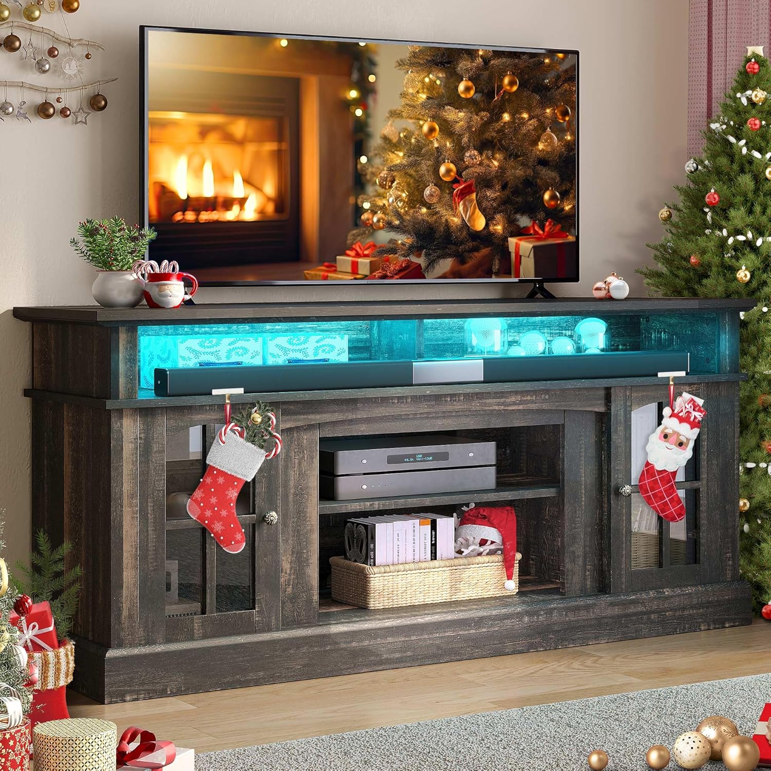 LED Farmhouse TV Stand for TV up to 75" w/Outlets, Highboy Media Entertainment Center Console Table Adjustable Storage Shelves &Cabinet Glass Door for 400lbs for Living Room