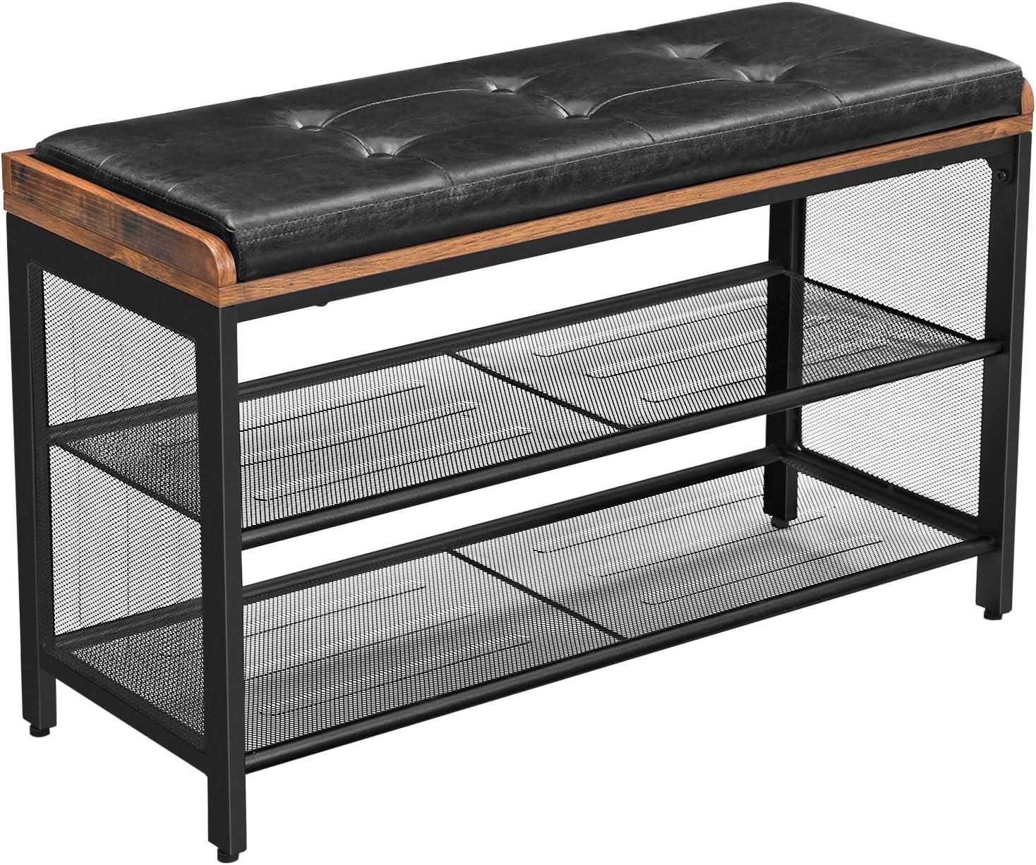 VASAGLE Shoe Bench, Storage Bench with Cupboard and 9 Open Compartments, Shoe Shelf, Padded Seat, Barn Door, 11.8 x 43.3 x 18.9 Inches, Rustic Brown ULHS058X01