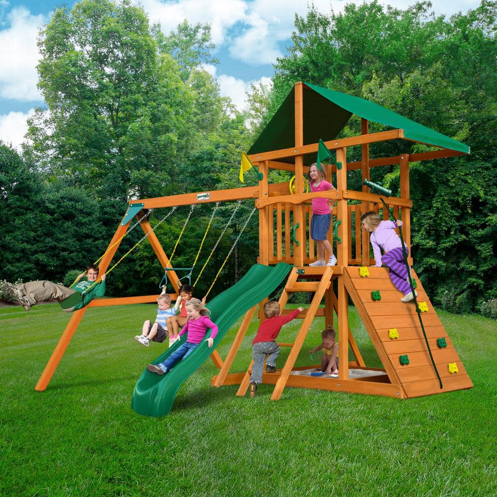 DIYOuting III Wooden Outdoor Playset with Tarp Roof, Rock Wall, Wave Slide, Swings, and Backyard Swing Set Accessories
