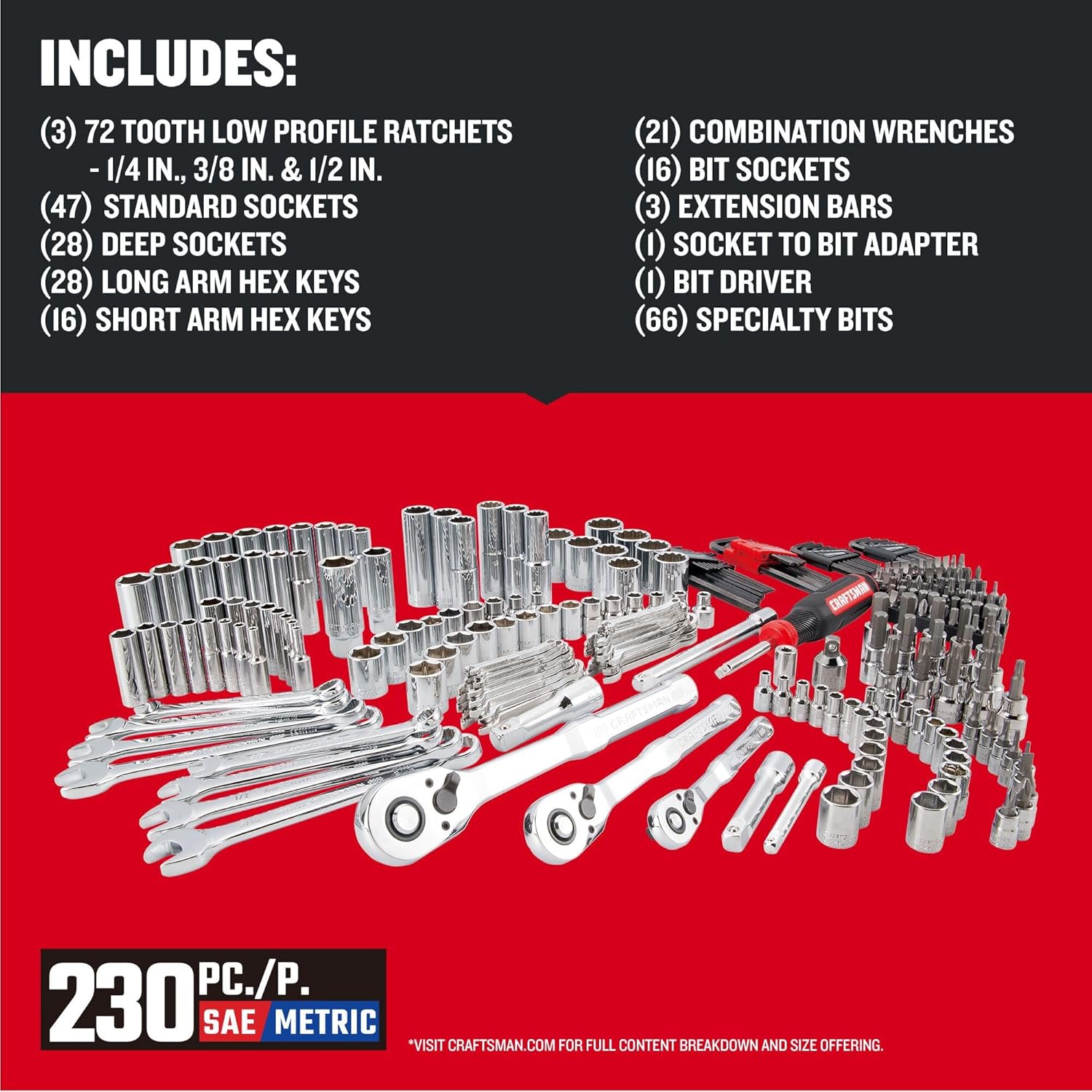 CRAFTSMAN Socket Set, 262-Piece Mechanic Tool Set, 1/4", 3/8", 1/2" Drive, SAE / Metric, (CMMT45307)