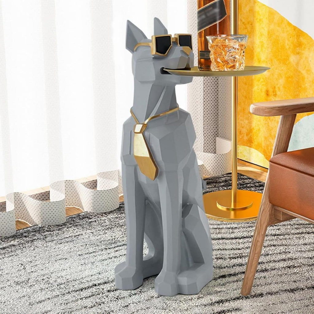 homary Modern Resin Dog Sculpture Geometric Standing Statue Cute End Side Table with Metal Storage Tray Tissue Box (White)