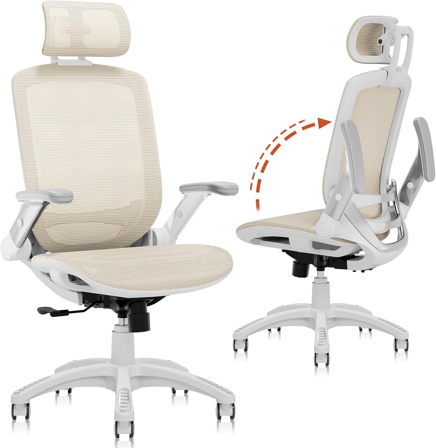 GABRYLLY Ergonomic Office Chair, High Back Home Desk Chair with Headrest, Flip-Up Arms, 90-120° Tilt Lock and Wide Cushion, Big and Tall Mesh Chairs for Man Woman, Grey Task Chair