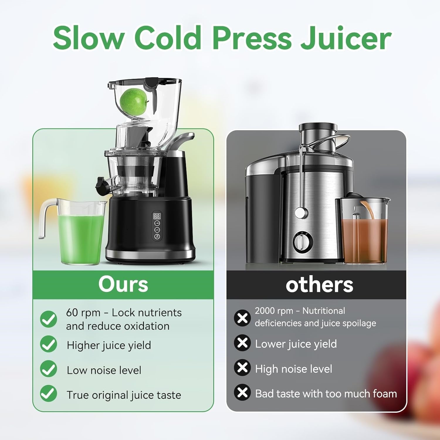 Cold Press Juicer, Juicer Machines with 3.3" Large Feed Chute,Large Capacity,High Juice Yield,Slow Masticating Juicer for Fruits and Vegetables, Self Feeding for Juice Extractor,BPA-Free,Black