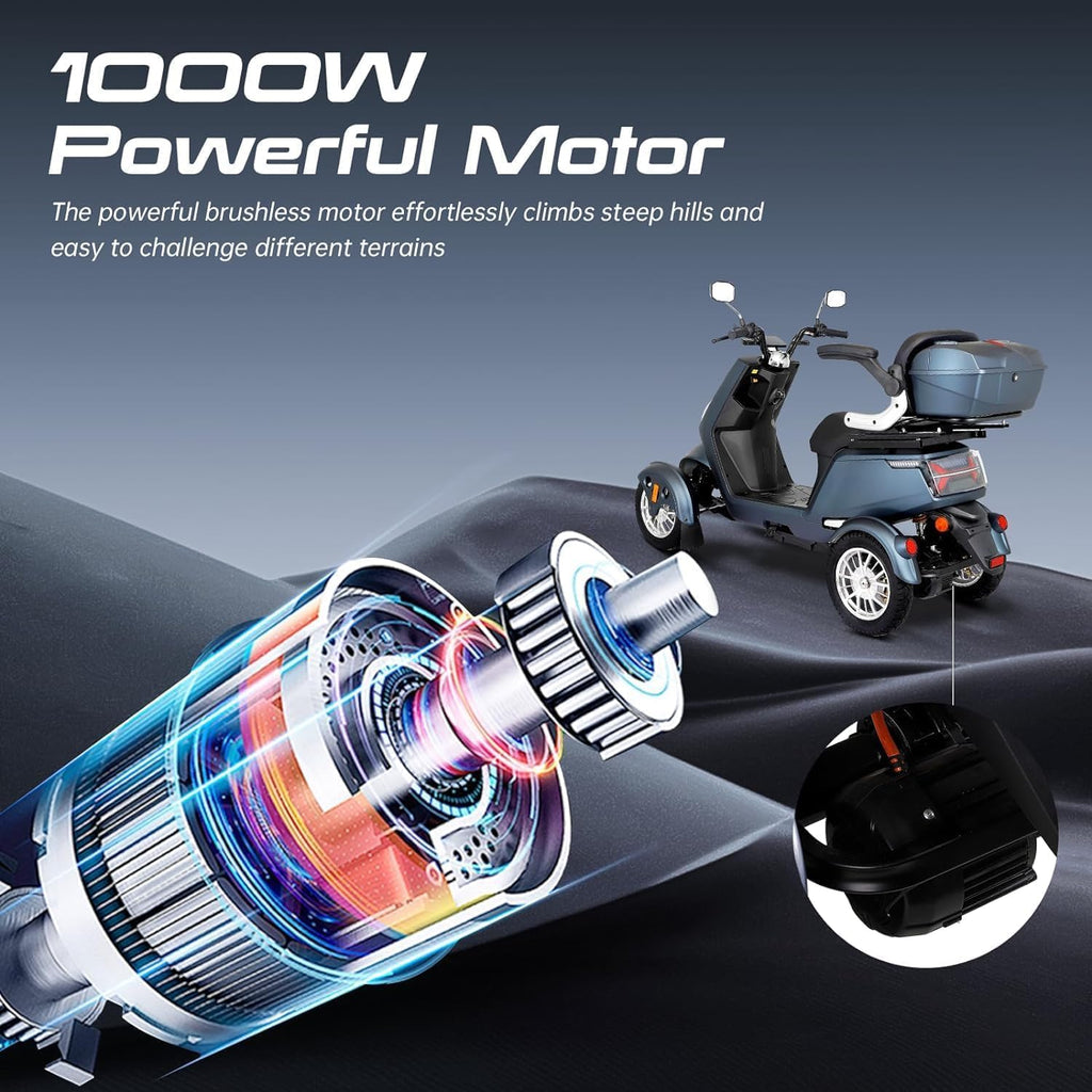 1000W 15 MPH Heavy Duty 4 Wheel Mobility Scooter 500lbs Loadweight, 3 Speed Control Mobility Scooters with 31 Mile Long Range Battery for Seniors & Adults Travel, 20° Max Climbing, Remote Key, Silver