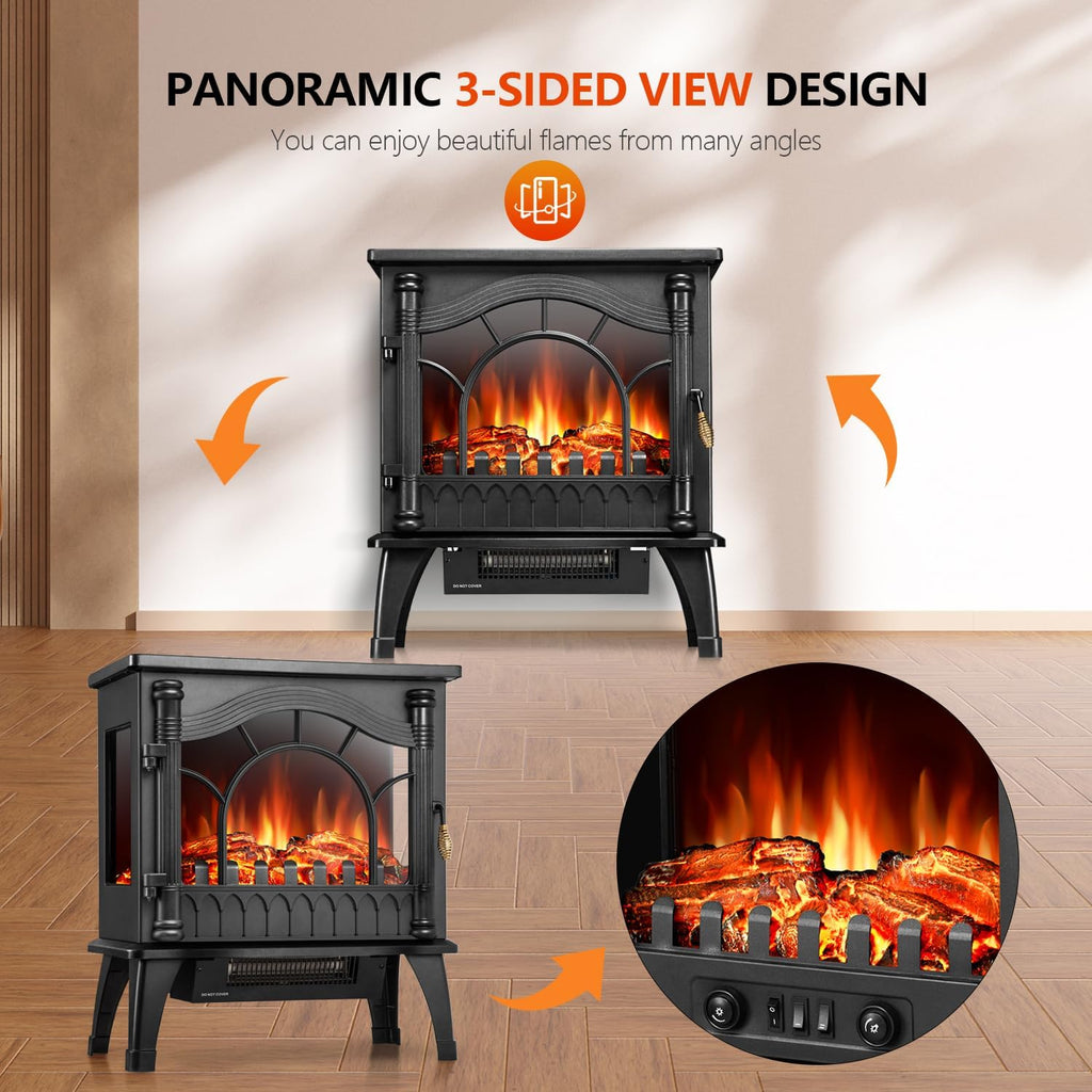 Electric Fireplace Heater, 20" Freestanding Fireplace Infrared Stove 1000W/1500W, 3D Realistic Flame Effects, Adjustable Brightness and Heating Mode, Overheating Safe Design