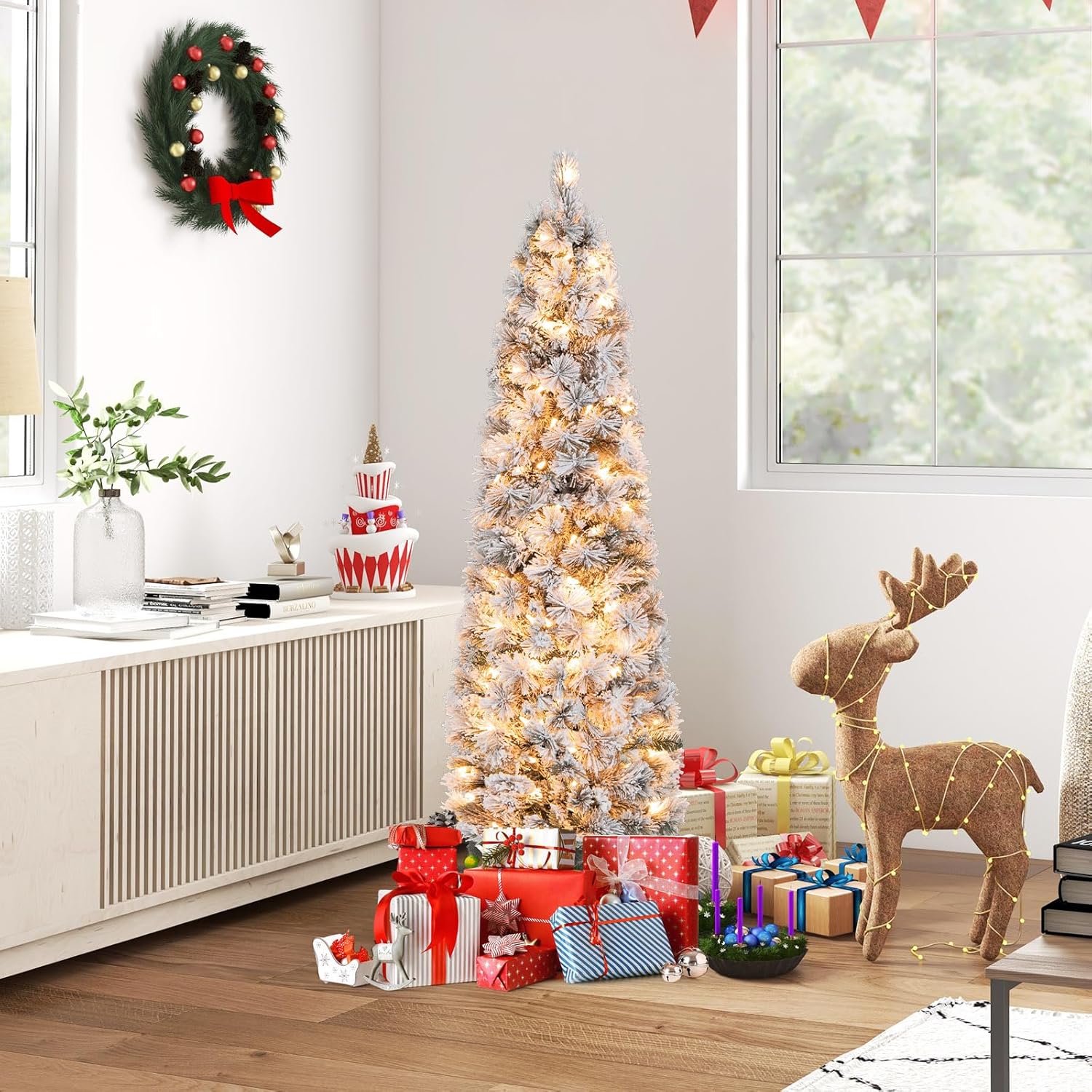 Goplus 7ft Artificial White Christmas Tree Xmas Pine Tree with Solid Metal Legs Perfect for Indoor and Outdoor Holiday Decoration