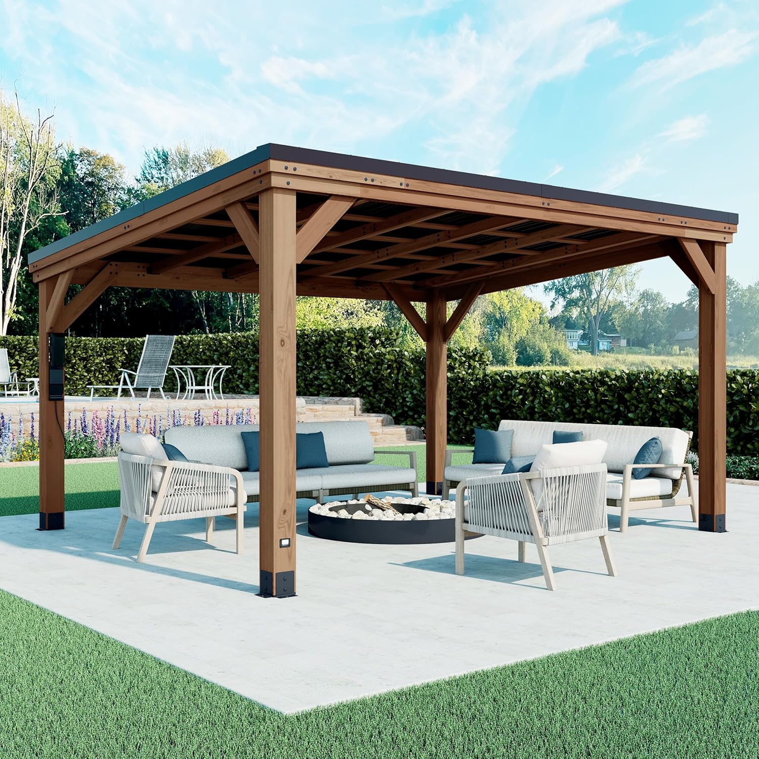 Backyard Discovery Saxony XL 12' x 6' Cedar Wood BBQ Grill Gazebo Pavilion with Hardtop Galvanized Steel Roof, Bar Tops, Powerport, Snow Support, Wind Resistance, Cook Station for Outdoor Patio, Deck