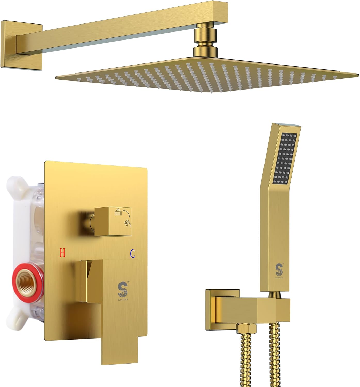 SR SUN RISE 12 Inches Matte Black Shower System 12 Inch Brass Bathroom Luxury Rain Mixer Shower Combo Set Wall Mounted Rainfall Shower Head System Shower Faucet Rough-in Valve Body and Trim Included