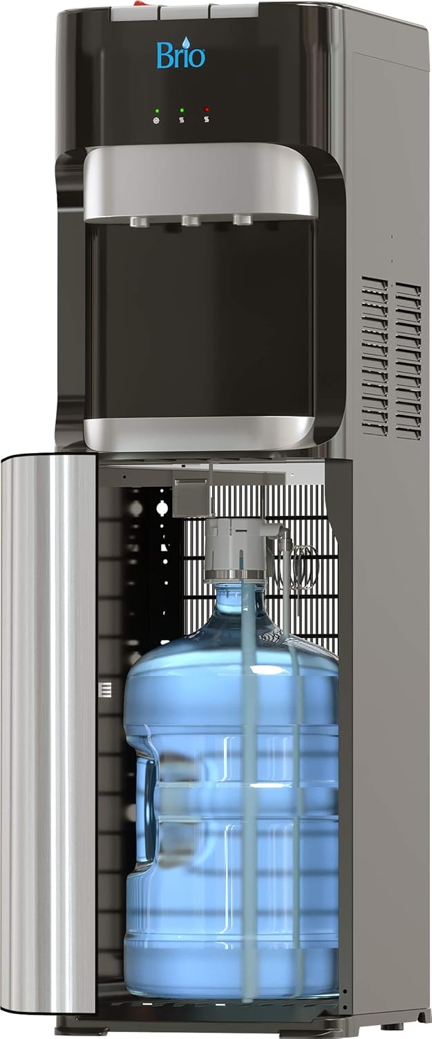 Brio Bottom Loading Water Cooler Dispenser for 5 Gallon Bottles - 3 Temperatures with Hot, Room & Cold Spouts, Child Safety Lock, LED Display with Empty Bottle Alert, Stainless Steel