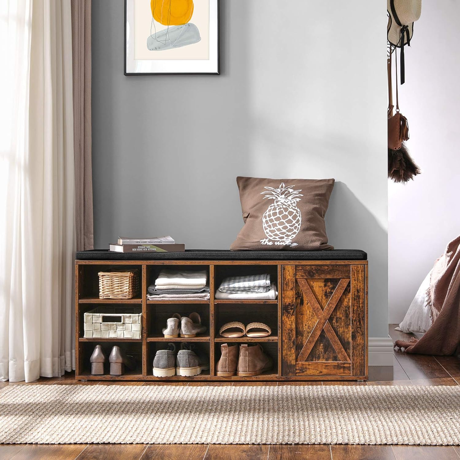 VASAGLE Shoe Bench, Storage Bench with Cupboard and 9 Open Compartments, Shoe Shelf, Padded Seat, Barn Door, 11.8 x 43.3 x 18.9 Inches, Rustic Brown ULHS058X01