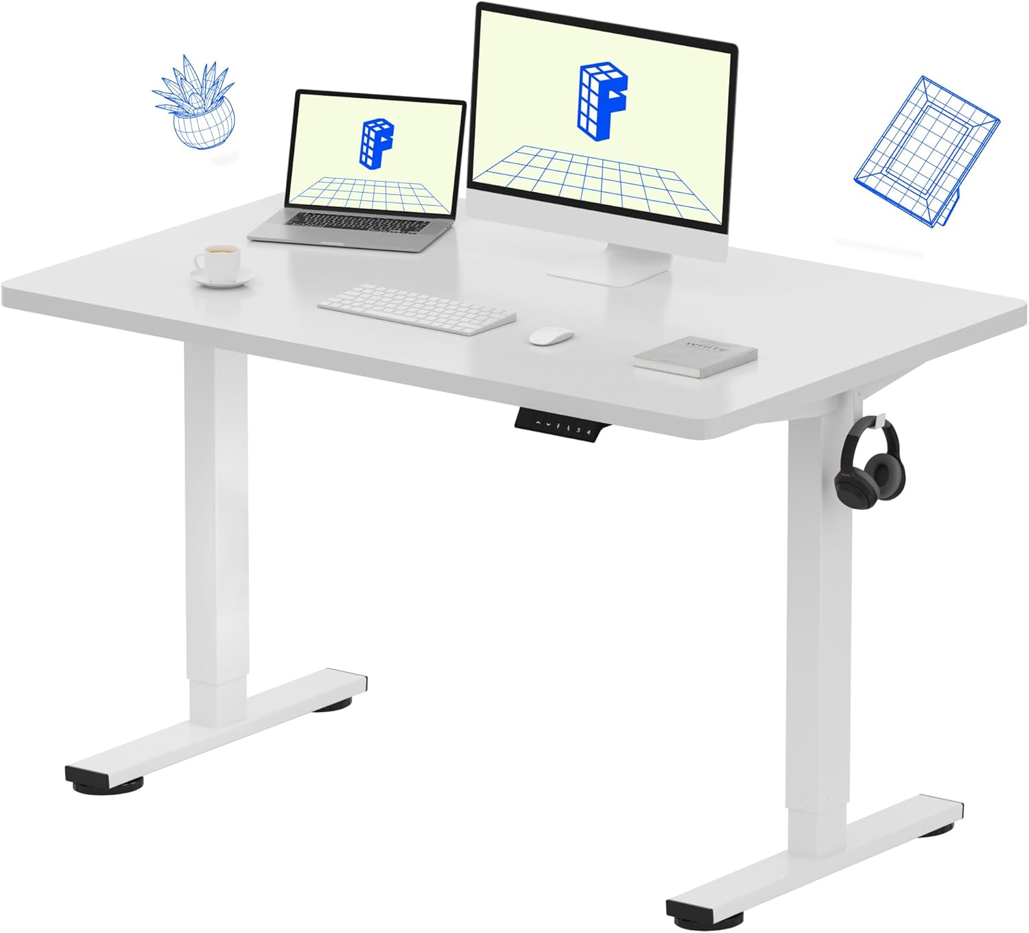 FLEXISPOT EN1 One-Piece Standing Desk 55 x 28 Inch Electric Adjustable Height Desk for Home Office and Computer Workstation (White Frame + 55" Maple Top, 2 Packages)