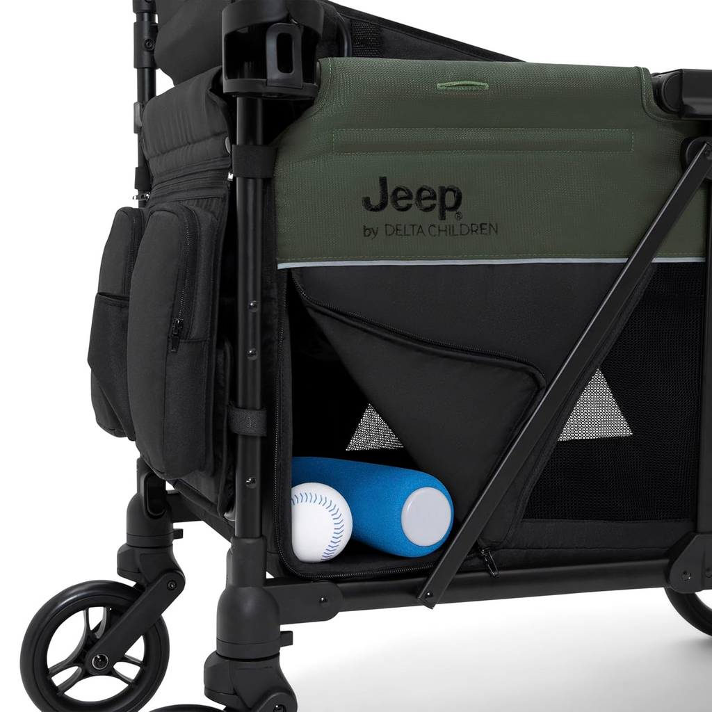 Delta Children - Jeep Wrangler Deluxe 4 Seater Stroller Wagon - Premium Quad Stroller Wagon for 4 Kids with Convertible Seats, Adjustable Push/Pull Handles, Removable Canopy & Flat Fold, Black/Green