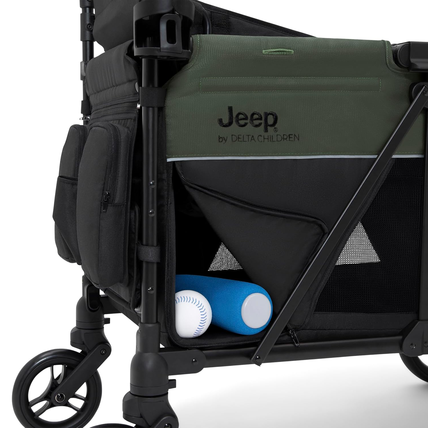 Delta Children - Jeep Wrangler Deluxe 4 Seater Stroller Wagon - Premium Quad Stroller Wagon for 4 Kids with Convertible Seats, Adjustable Push/Pull Handles, Removable Canopy & Flat Fold, Black/Green