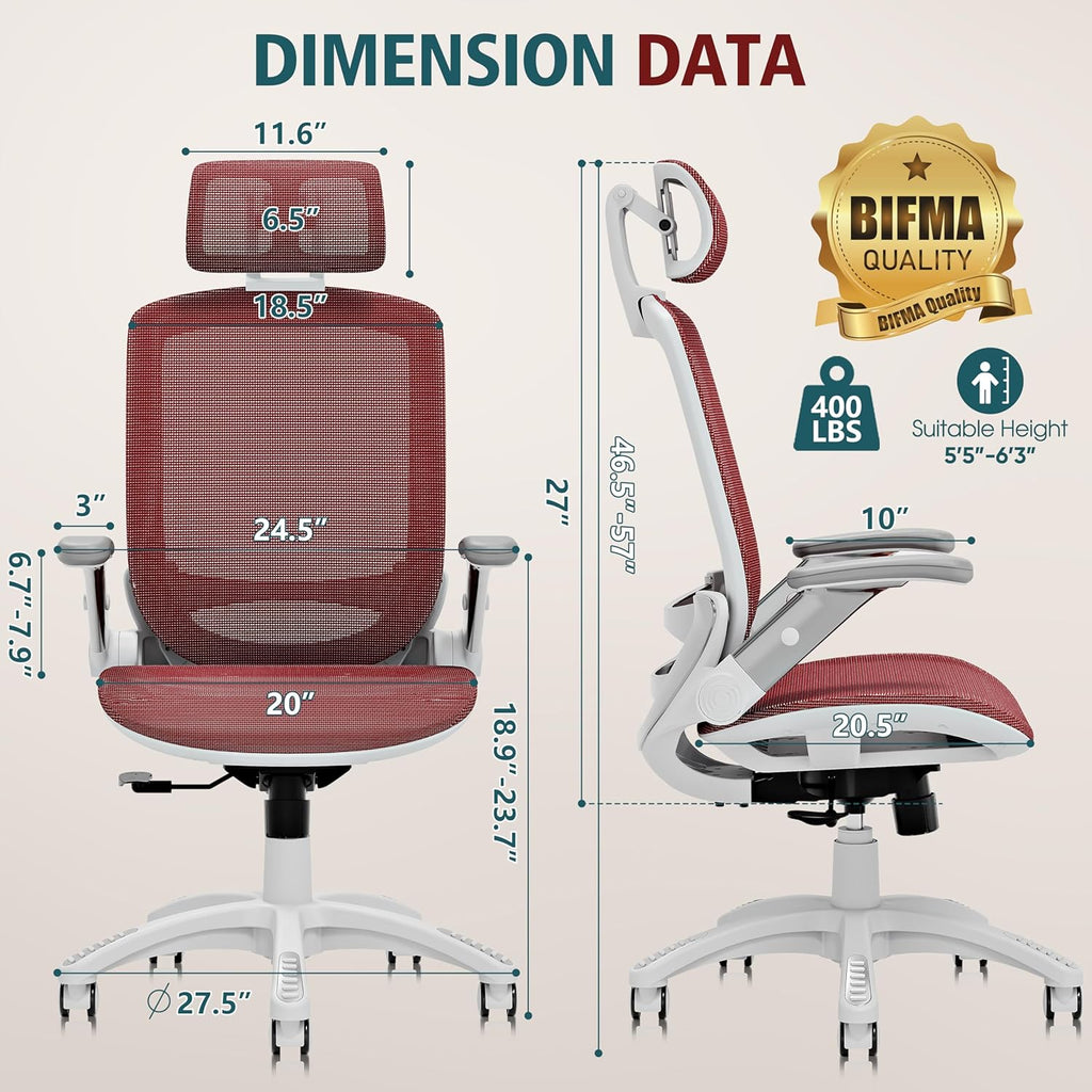 GABRYLLY Ergonomic Office Chair, High Back Home Desk Chair with Headrest, Flip-Up Arms, 90-120° Tilt Lock and Wide Cushion, Big and Tall Mesh Chairs for Man Woman, Grey Task Chair
