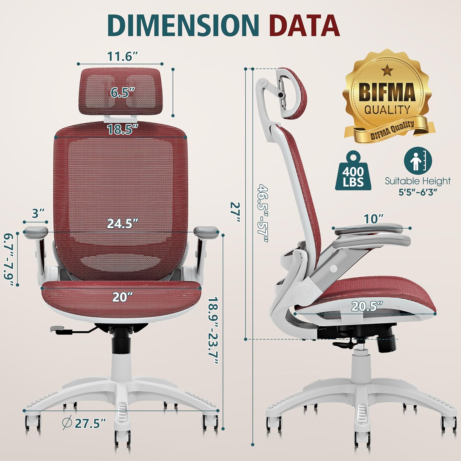 GABRYLLY Ergonomic Office Chair, High Back Home Desk Chair with Headrest, Flip-Up Arms, 90-120° Tilt Lock and Wide Cushion, Big and Tall Mesh Chairs for Man Woman, Grey Task Chair