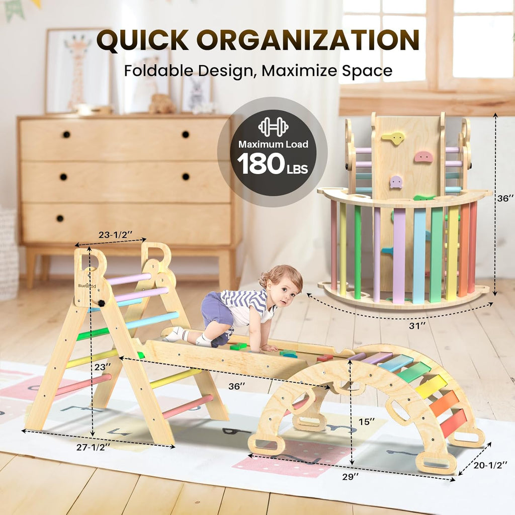 BlueWood Pikler Triangle Set 7in1 Foldable Baby Climbing Wooden Toys with Arch&Ramp&Ladder Climber Indoor Jungle Gyms for Toddlers - Natural Wood