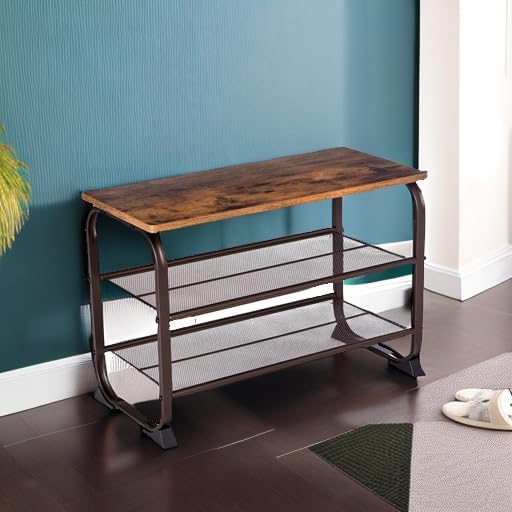 VASAGLE Shoe Bench, Storage Bench with Cupboard and 9 Open Compartments, Shoe Shelf, Padded Seat, Barn Door, 11.8 x 43.3 x 18.9 Inches, Rustic Brown ULHS058X01