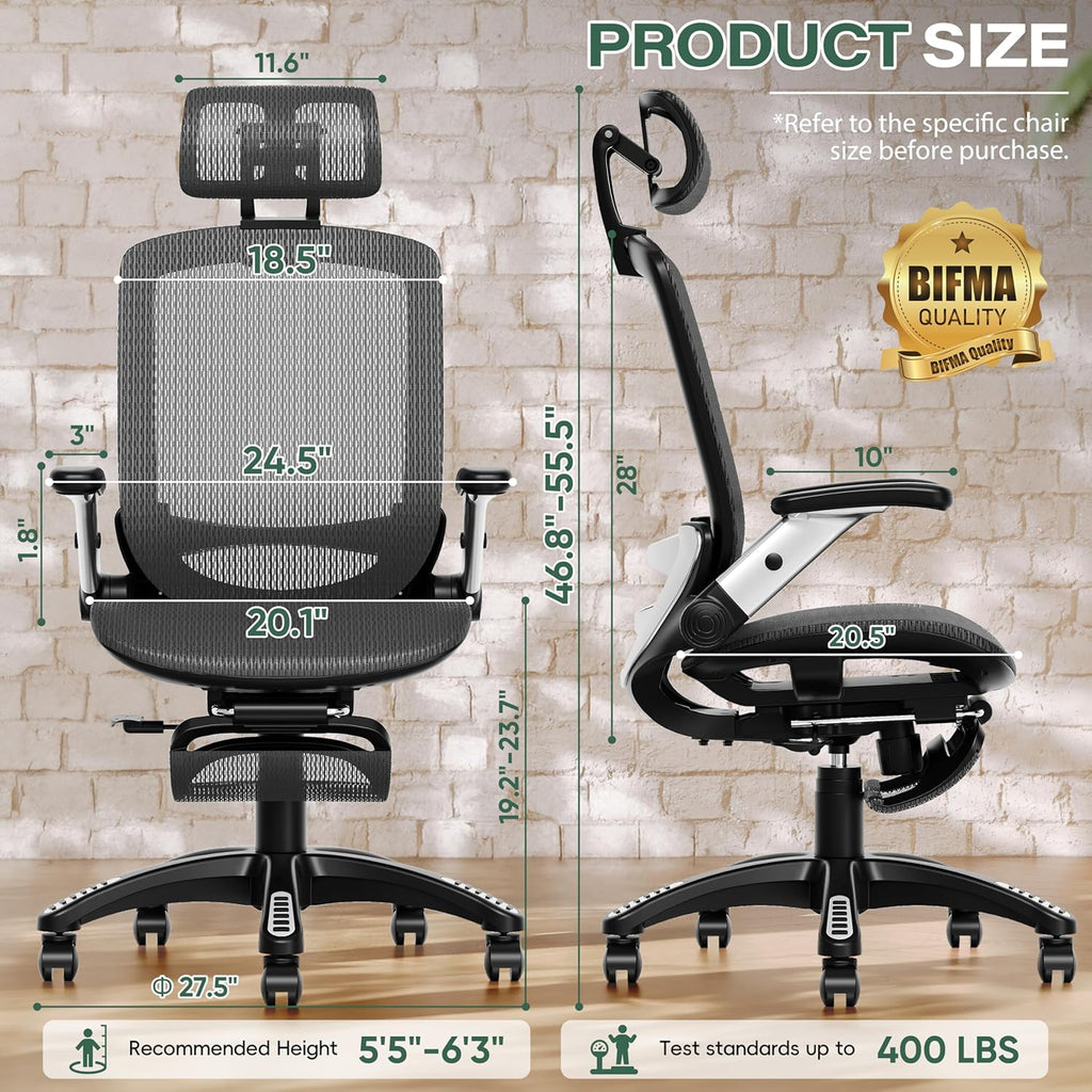 GABRYLLY Ergonomic Office Chair, High Back Home Desk Chair with Headrest, Flip-Up Arms, 90-120° Tilt Lock and Wide Cushion, Big and Tall Mesh Chairs for Man Woman, Grey Task Chair