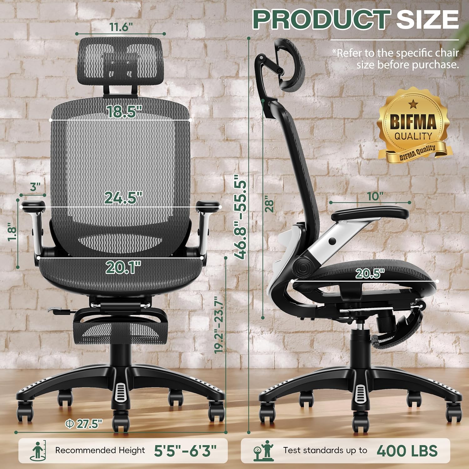 GABRYLLY Ergonomic Office Chair, High Back Home Desk Chair with Headrest, Flip-Up Arms, 90-120° Tilt Lock and Wide Cushion, Big and Tall Mesh Chairs for Man Woman, Grey Task Chair