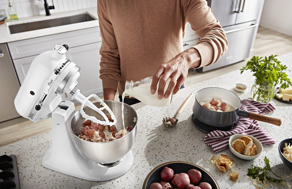 KitchenAid Classic Series 4.5 Quart Tilt-Head Stand Mixer K45SS, White & 5 Cup Food Chopper - KFC0516, Contour Silver