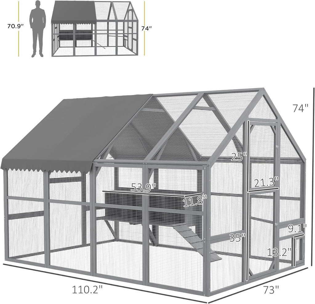 PawHut Large Chicken Run, Wooden Chicken Coop with Waterproof & Anti-UV Cover, Split Door, 4 Nesting Boxes, Roosting Bar, Walk-in Chicken Pen for 8-12 Chickens, for Backyard, Farm, 9' x 6' x 6'