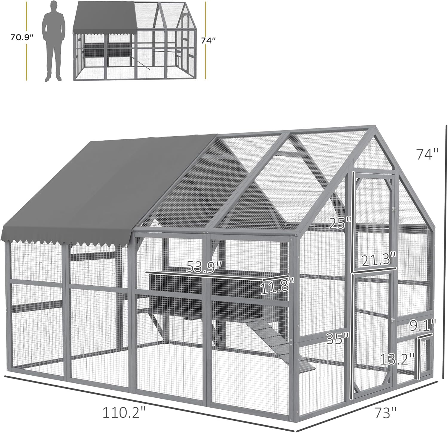PawHut Large Chicken Run, Wooden Chicken Coop with Waterproof & Anti-UV Cover, Split Door, 4 Nesting Boxes, Roosting Bar, Walk-in Chicken Pen for 8-12 Chickens, for Backyard, Farm, 9' x 6' x 6'
