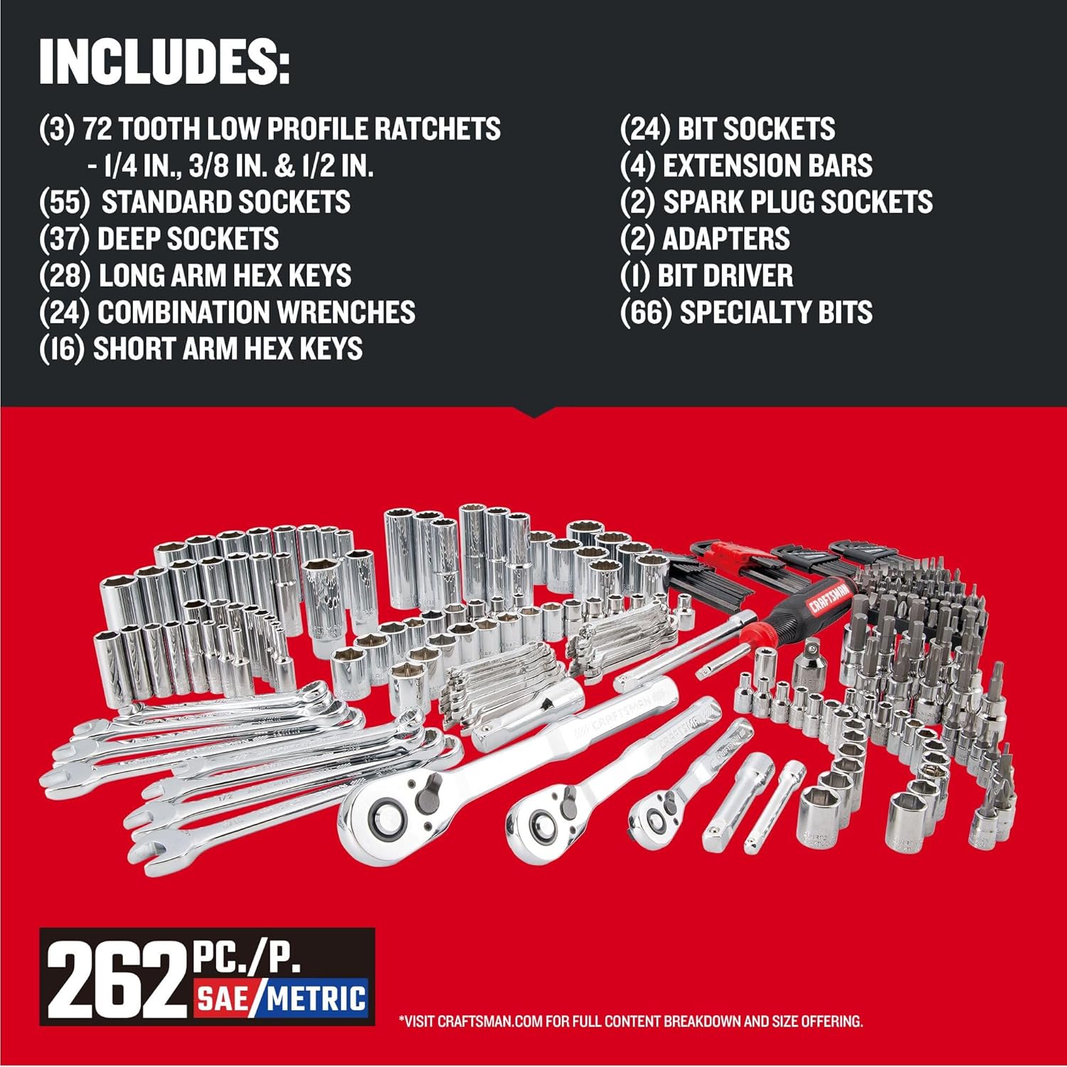 CRAFTSMAN Socket Set, 262-Piece Mechanic Tool Set, 1/4", 3/8", 1/2" Drive, SAE / Metric, (CMMT45307)