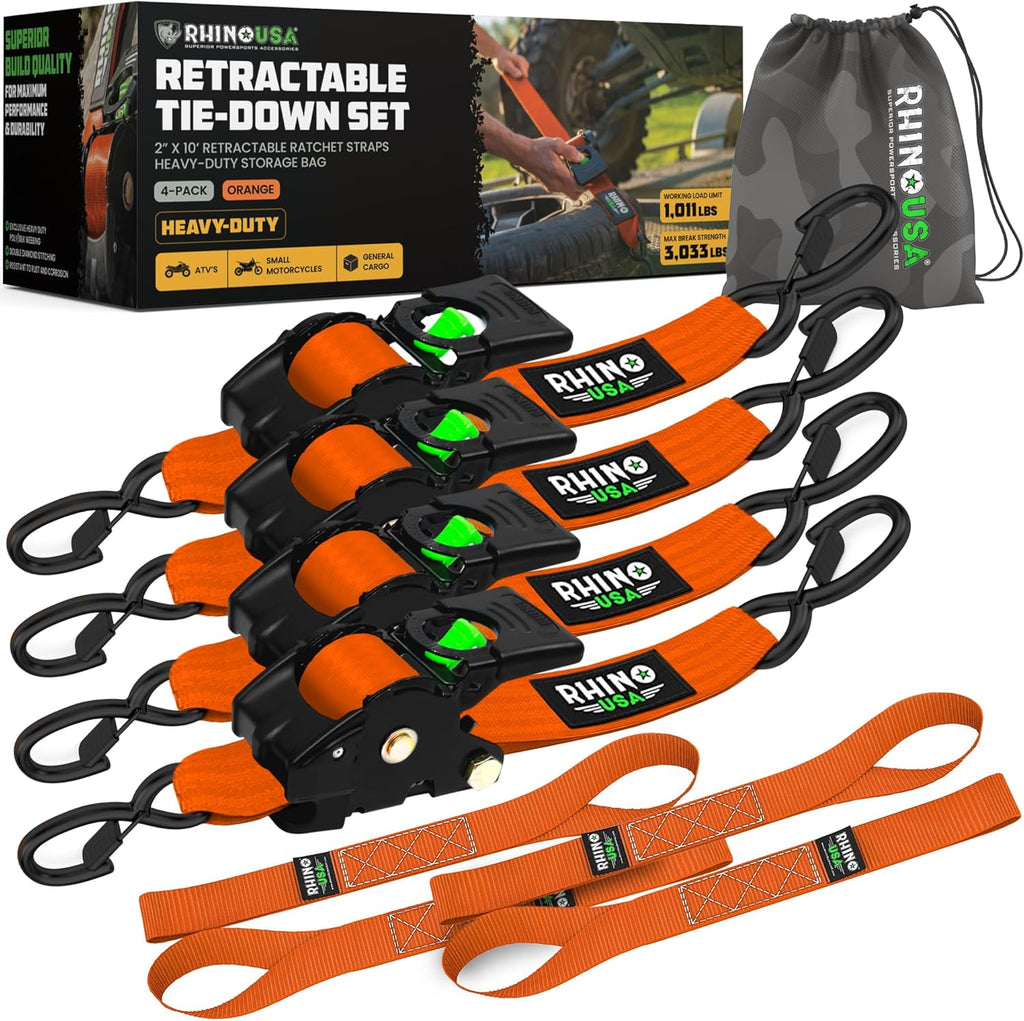 Rhino USA Retractable Ratchet Straps (2-Pack) - 2 Inch x 10 Feet (3,033lb Break Strength) - Heavy Duty Auto Self Retracting Tie Down Straps for Truck, Cargo Trailer, Motorcycle, Rad & More - Orange