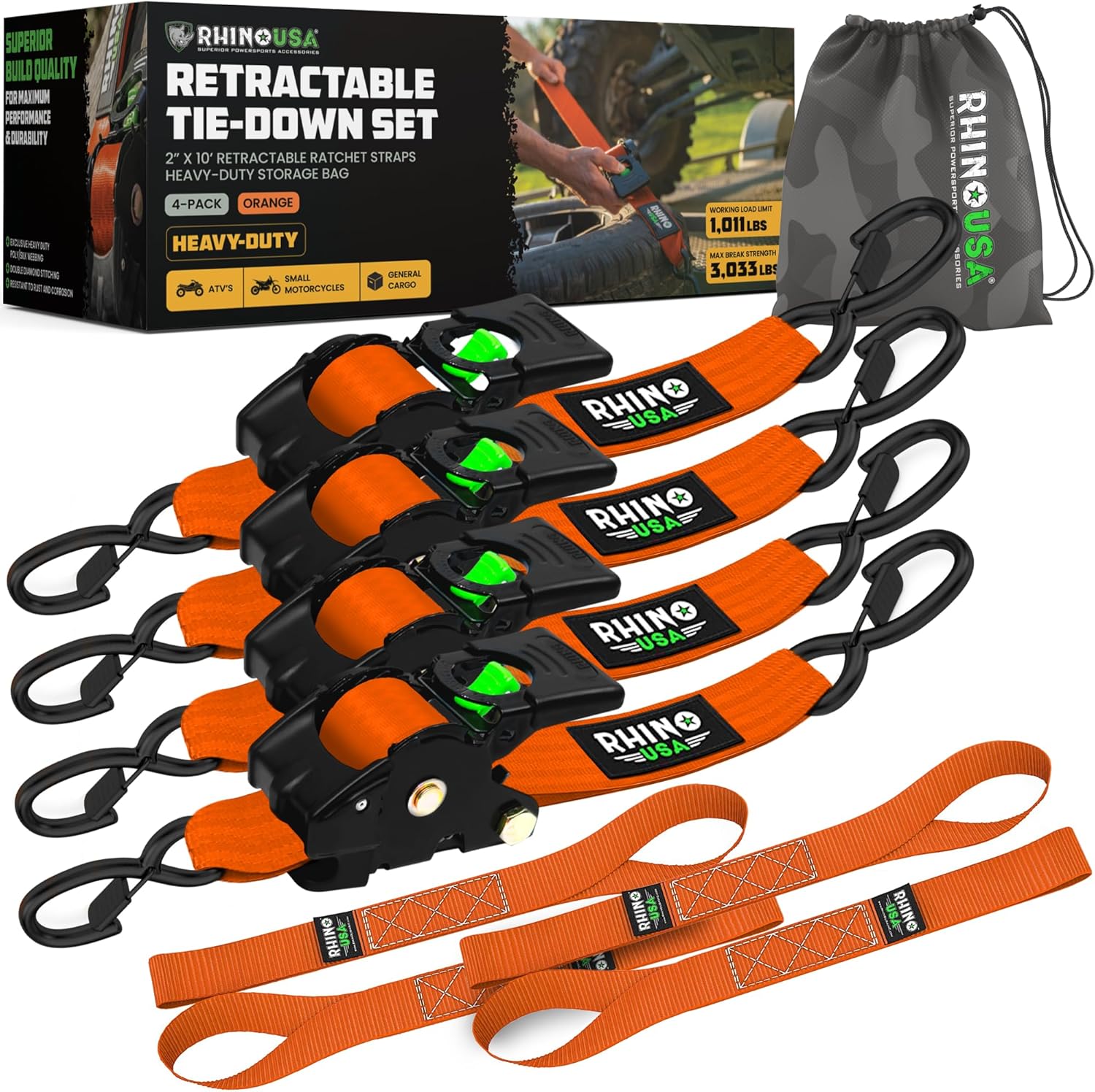 Rhino USA Retractable Ratchet Straps (2-Pack) - 2 Inch x 10 Feet (3,033lb Break Strength) - Heavy Duty Auto Self Retracting Tie Down Straps for Truck, Cargo Trailer, Motorcycle, Rad & More - Orange