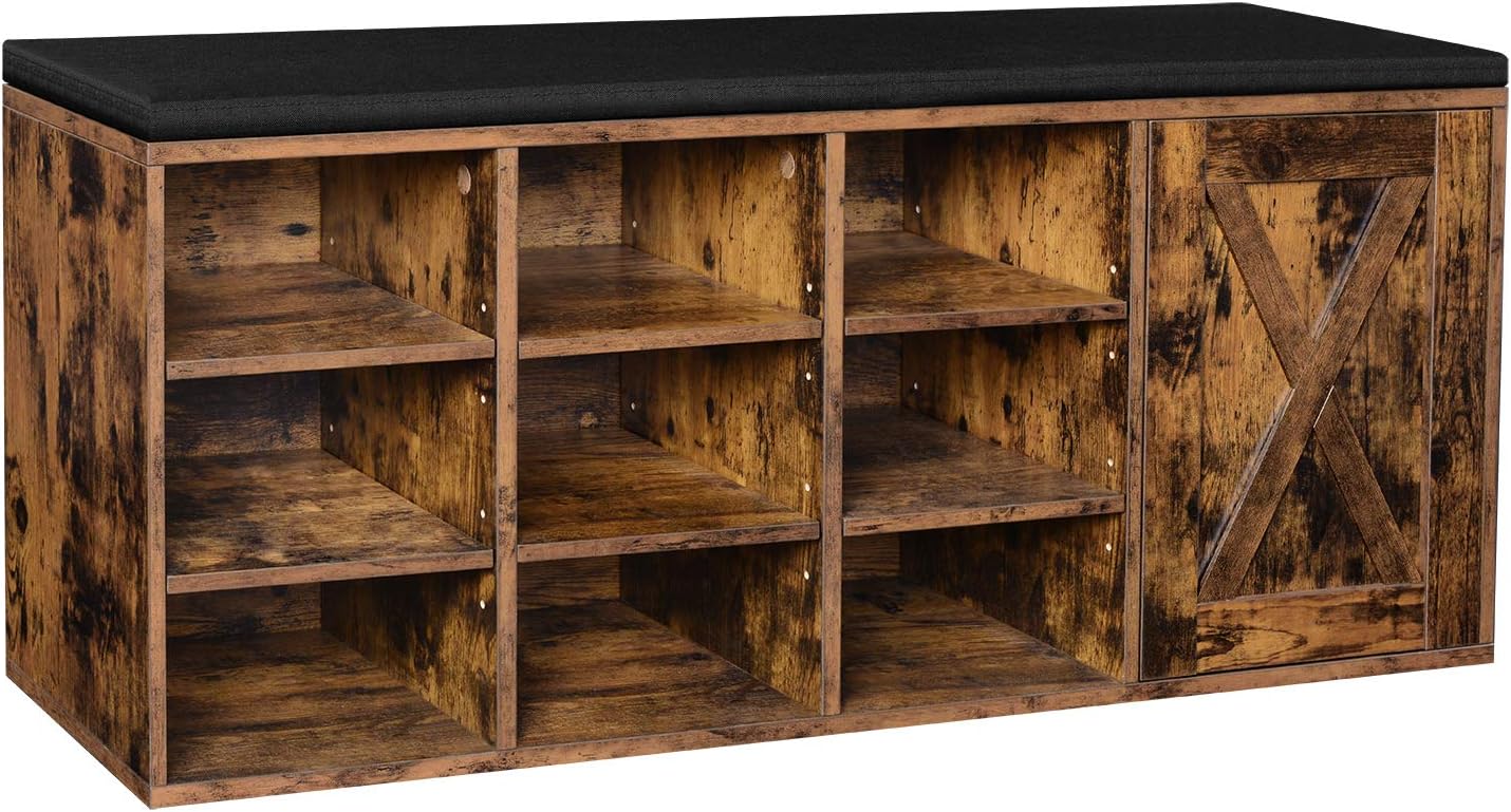 VASAGLE Shoe Bench, Storage Bench with Cupboard and 9 Open Compartments, Shoe Shelf, Padded Seat, Barn Door, 11.8 x 43.3 x 18.9 Inches, Rustic Brown ULHS058X01