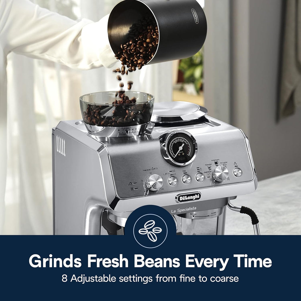 De'Longhi La Specialista Maestro Espresso Machine with Grinder, Auto & Manual Milk Frother – Bean-to-Cup Cold Brew Coffee with Cold Extraction Technology, Variable Temp & Tamping Tool, 8 Drink Presets