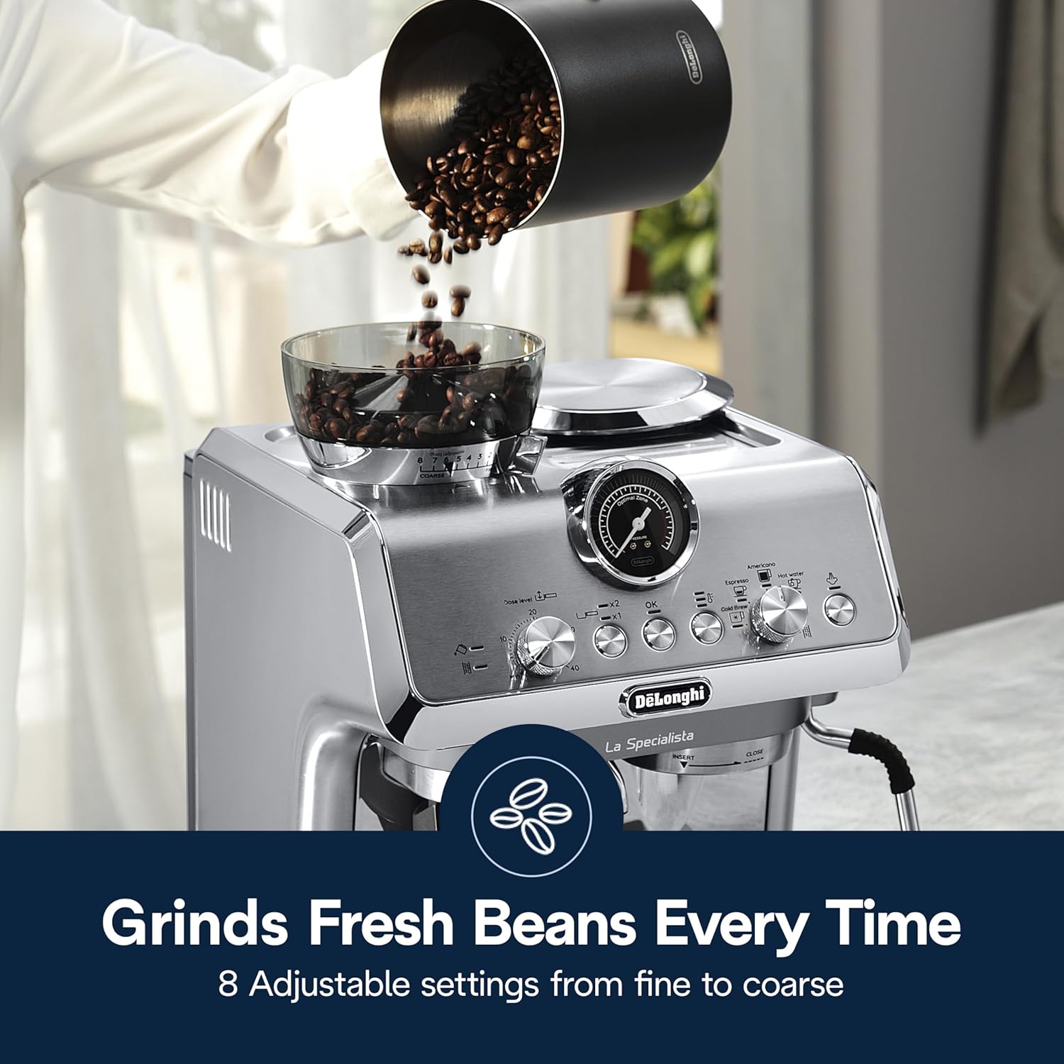 De'Longhi La Specialista Maestro Espresso Machine with Grinder, Auto & Manual Milk Frother – Bean-to-Cup Cold Brew Coffee with Cold Extraction Technology, Variable Temp & Tamping Tool, 8 Drink Presets
