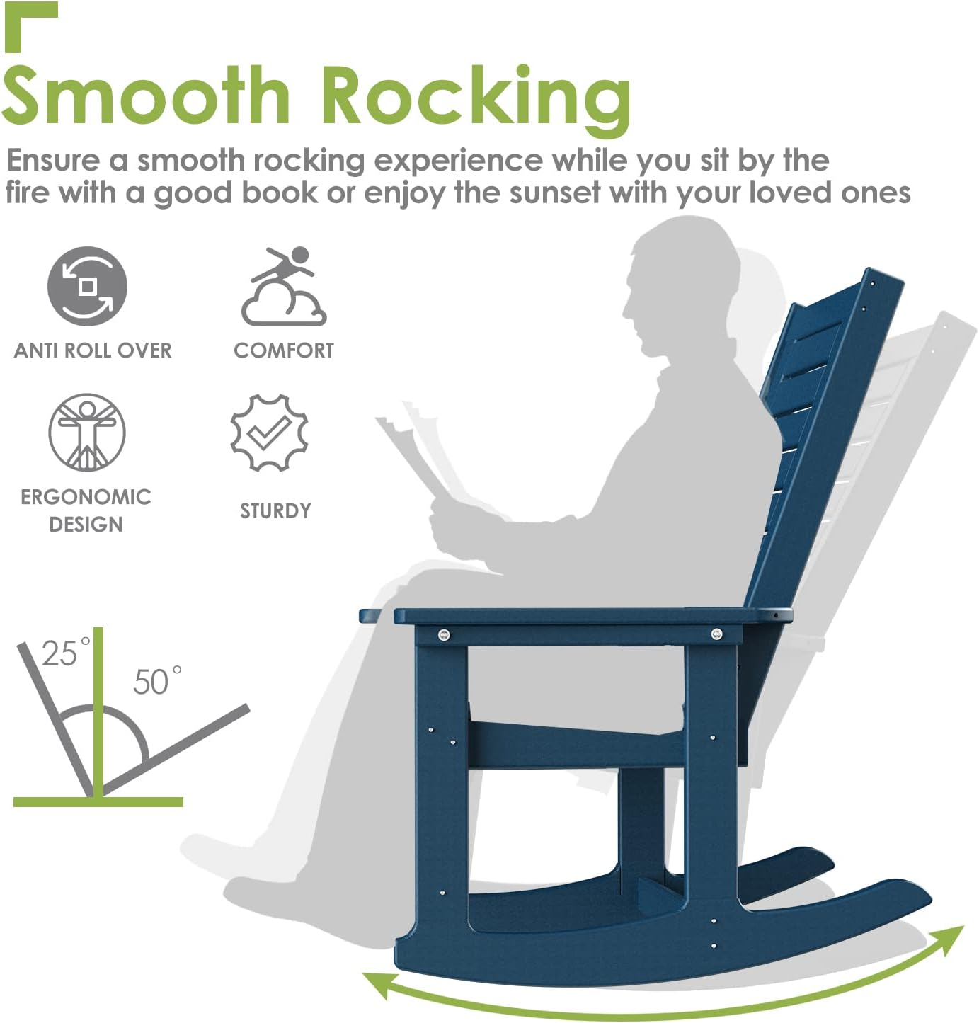 GREENVINES Outdoor Rocking Chairs | Set of 2 | Porch Rocker | HDPE Plastic | Black | Oversized Rockers | High Back | Big & Tall | Ladder Back | for Patio Outside Backyard Balcony Garden
