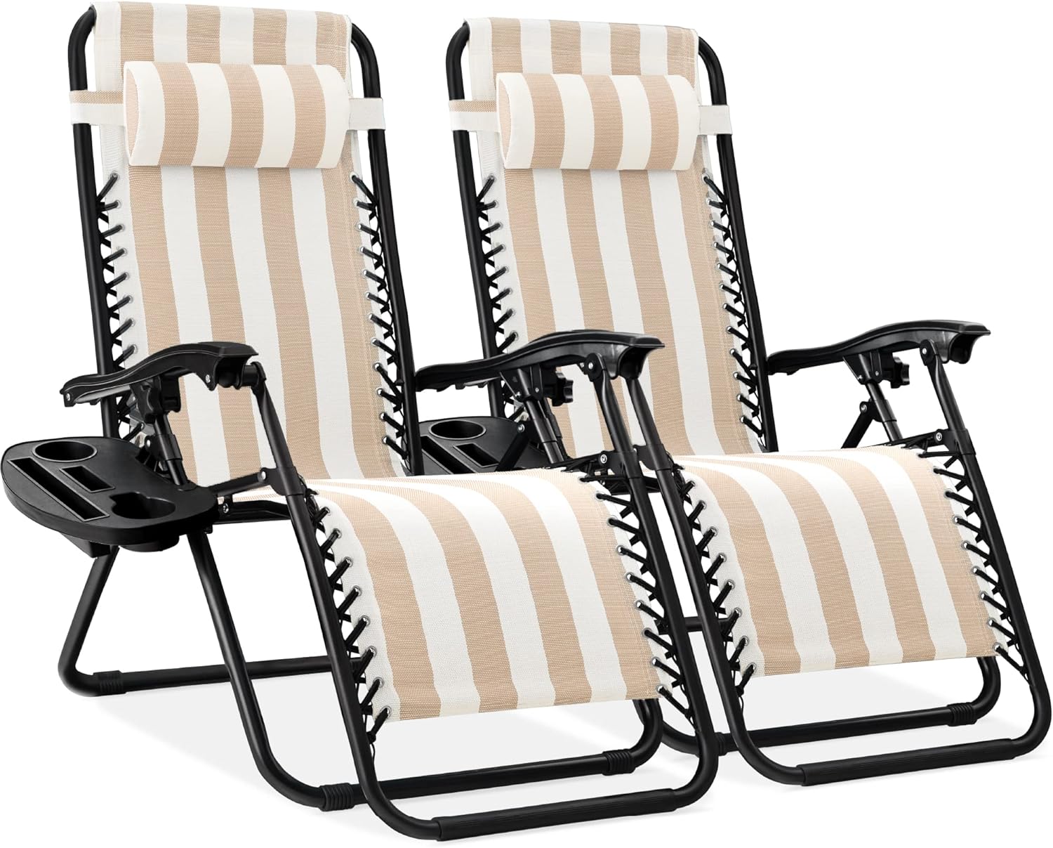 Best Choice Products Set of 2 Adjustable Steel Mesh Zero Gravity Lounge Chair Recliners w/Pillows and Cup Holder Trays - Beige