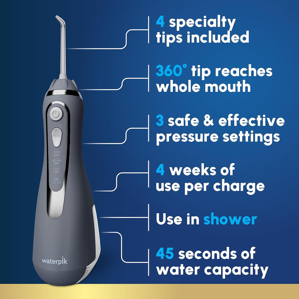 Waterpik Cordless Advanced 2.0 Water Flosser For Teeth, Gums, Braces, Dental Care With Travel Bag and 4 Tips, ADA Accepted, Rechargeable, Portable, and Waterproof, Black WP-582, Packaging May Vary